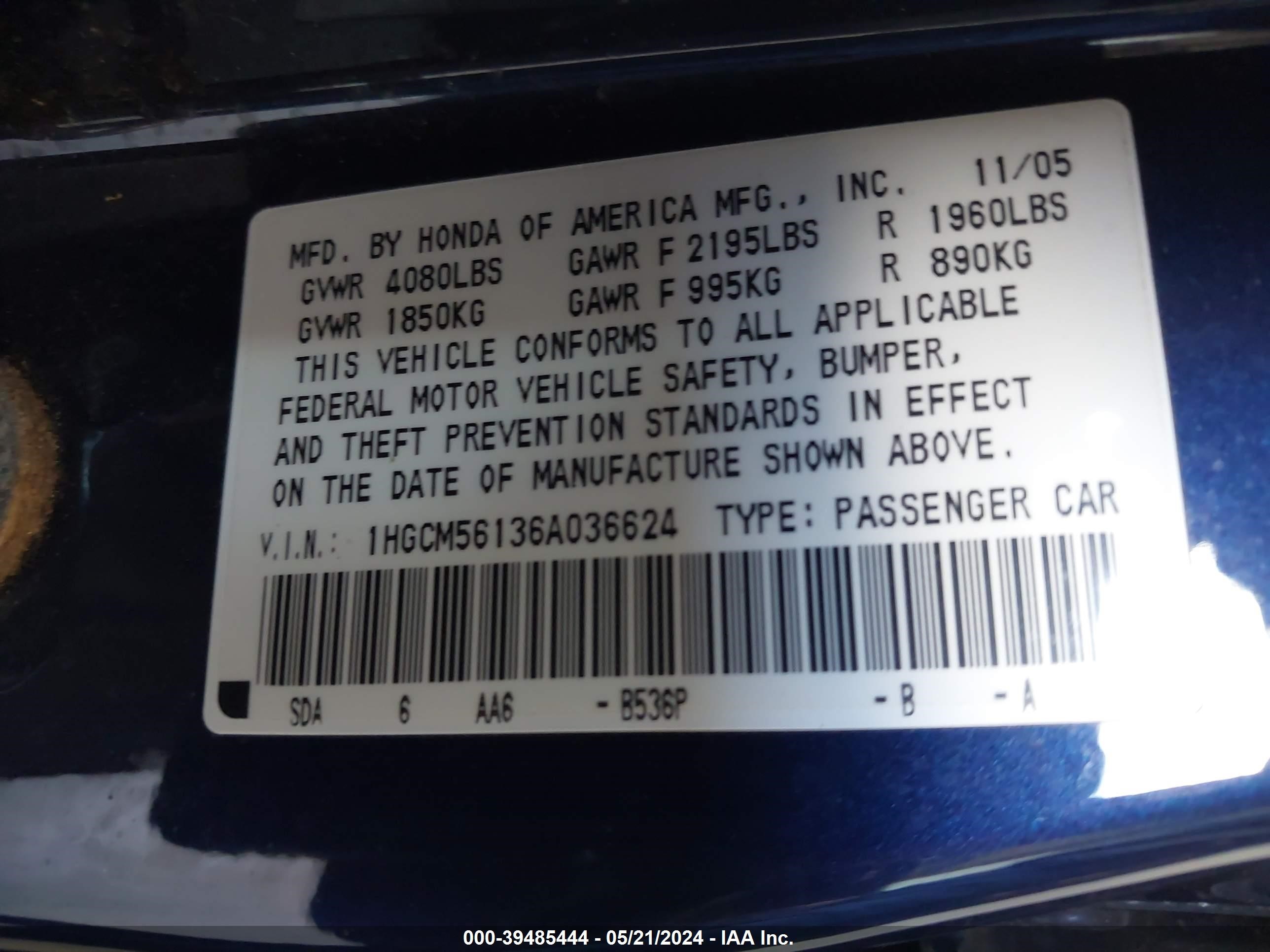 Photo 8 VIN: 1HGCM56136A036624 - HONDA ACCORD 