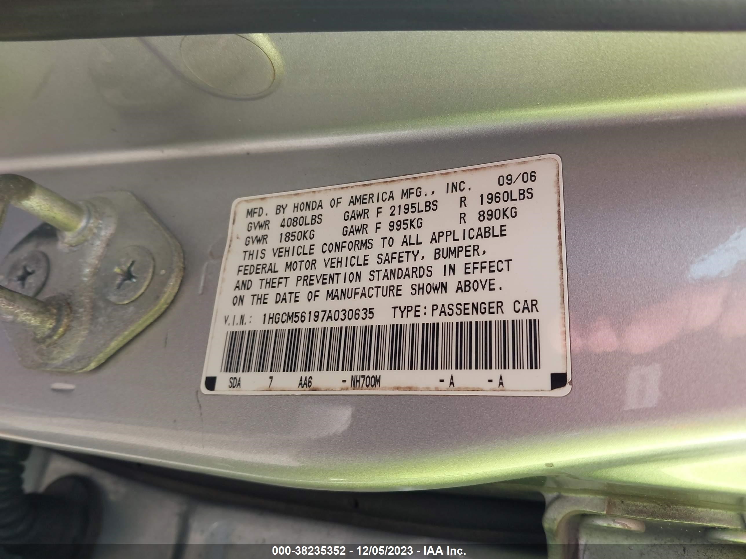 Photo 8 VIN: 1HGCM56197A030635 - HONDA ACCORD 