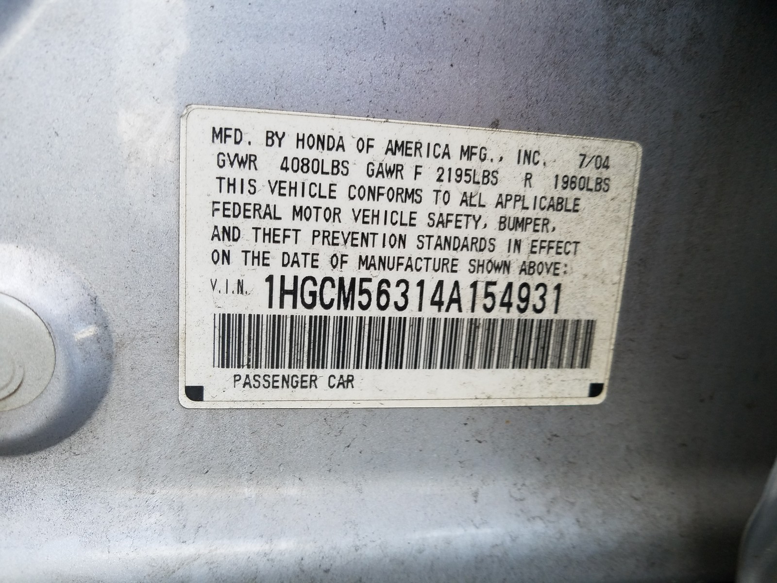 Photo 9 VIN: 1HGCM56314A154931 - HONDA ACCORD LX 