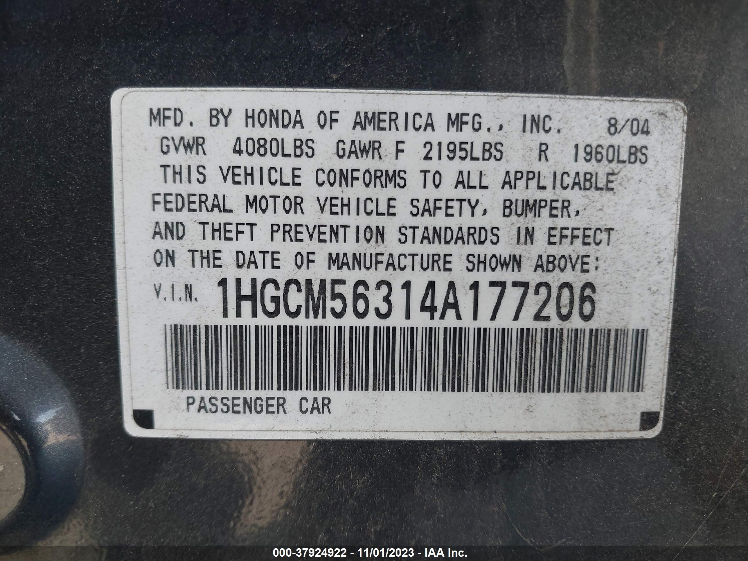 Photo 8 VIN: 1HGCM56314A177206 - HONDA ACCORD 