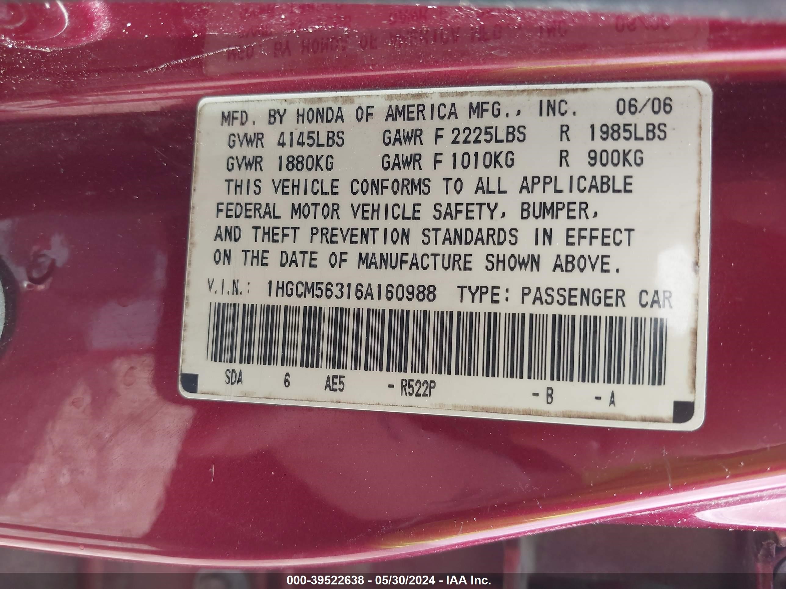 Photo 8 VIN: 1HGCM56316A160988 - HONDA ACCORD 