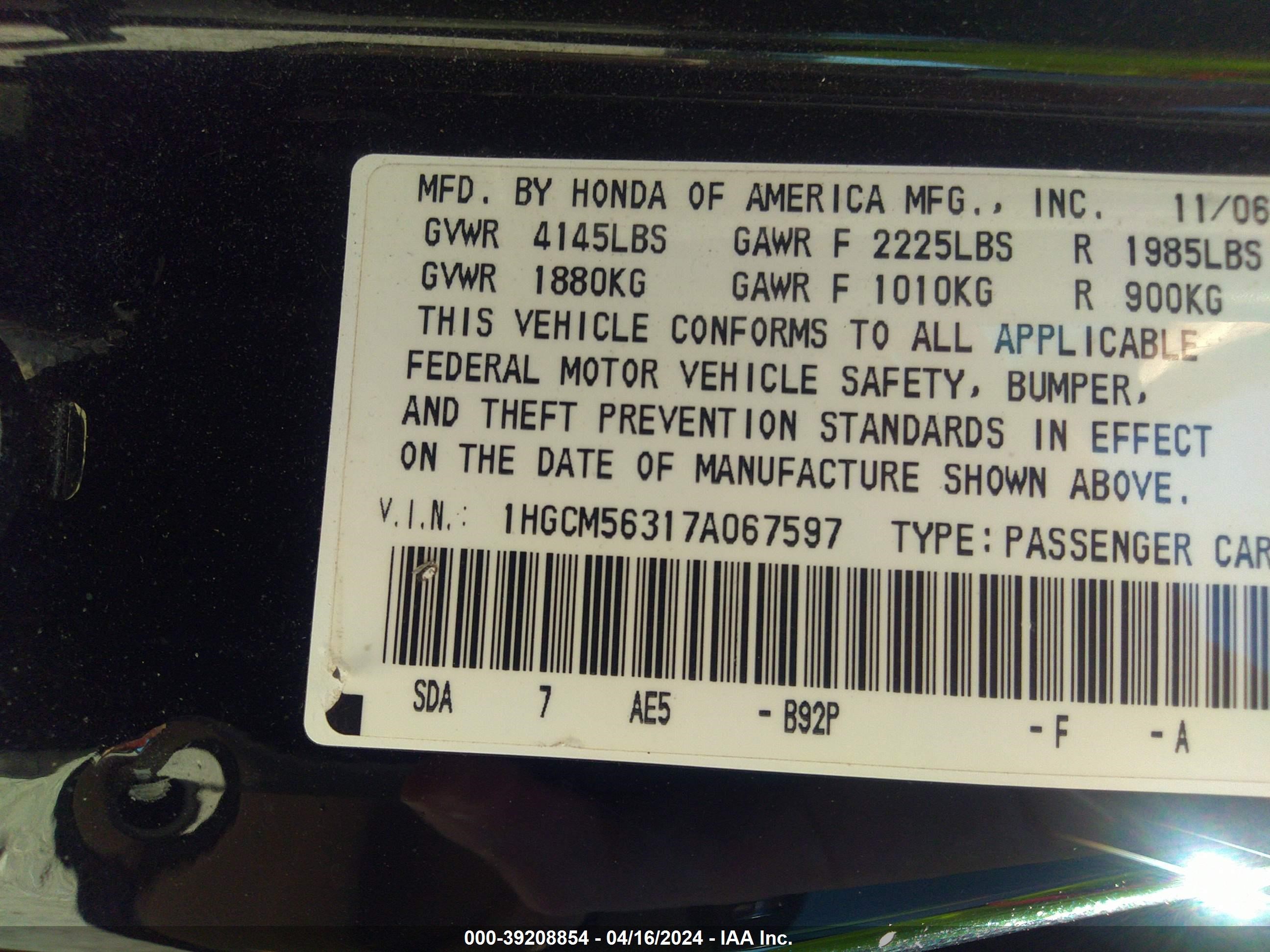 Photo 8 VIN: 1HGCM56317A067597 - HONDA ACCORD 