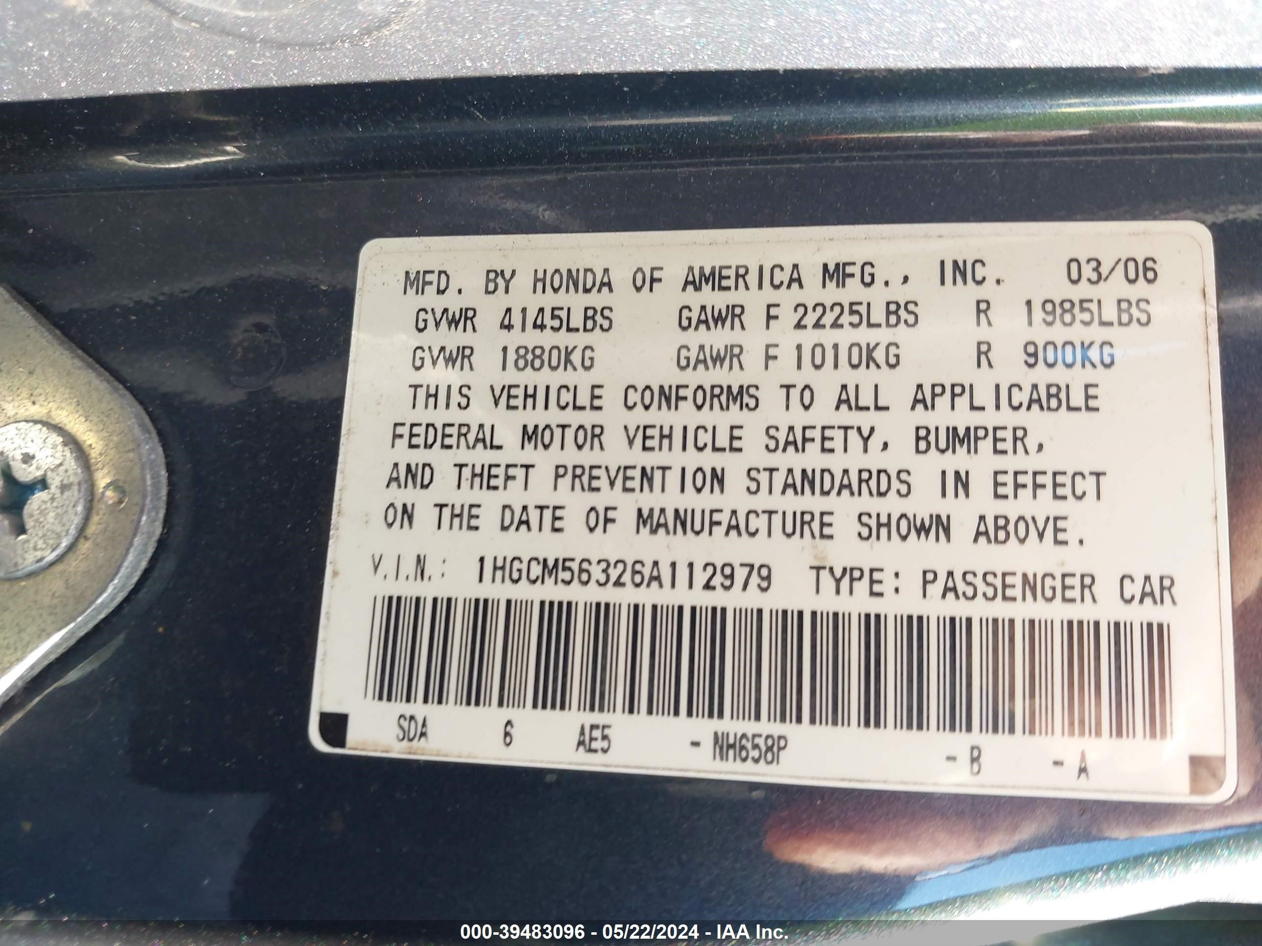 Photo 8 VIN: 1HGCM56326A112979 - HONDA ACCORD 