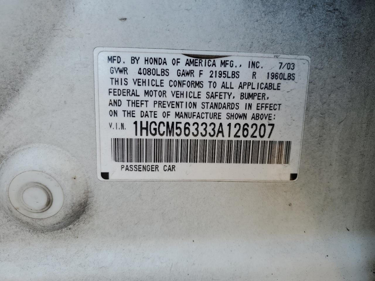 Photo 12 VIN: 1HGCM56333A126207 - HONDA ACCORD 