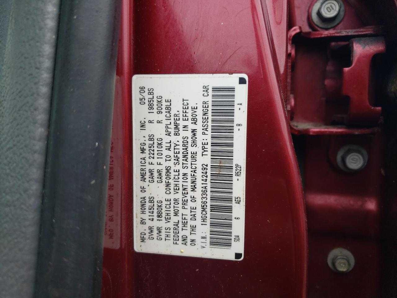 Photo 12 VIN: 1HGCM56336A142492 - HONDA ACCORD 