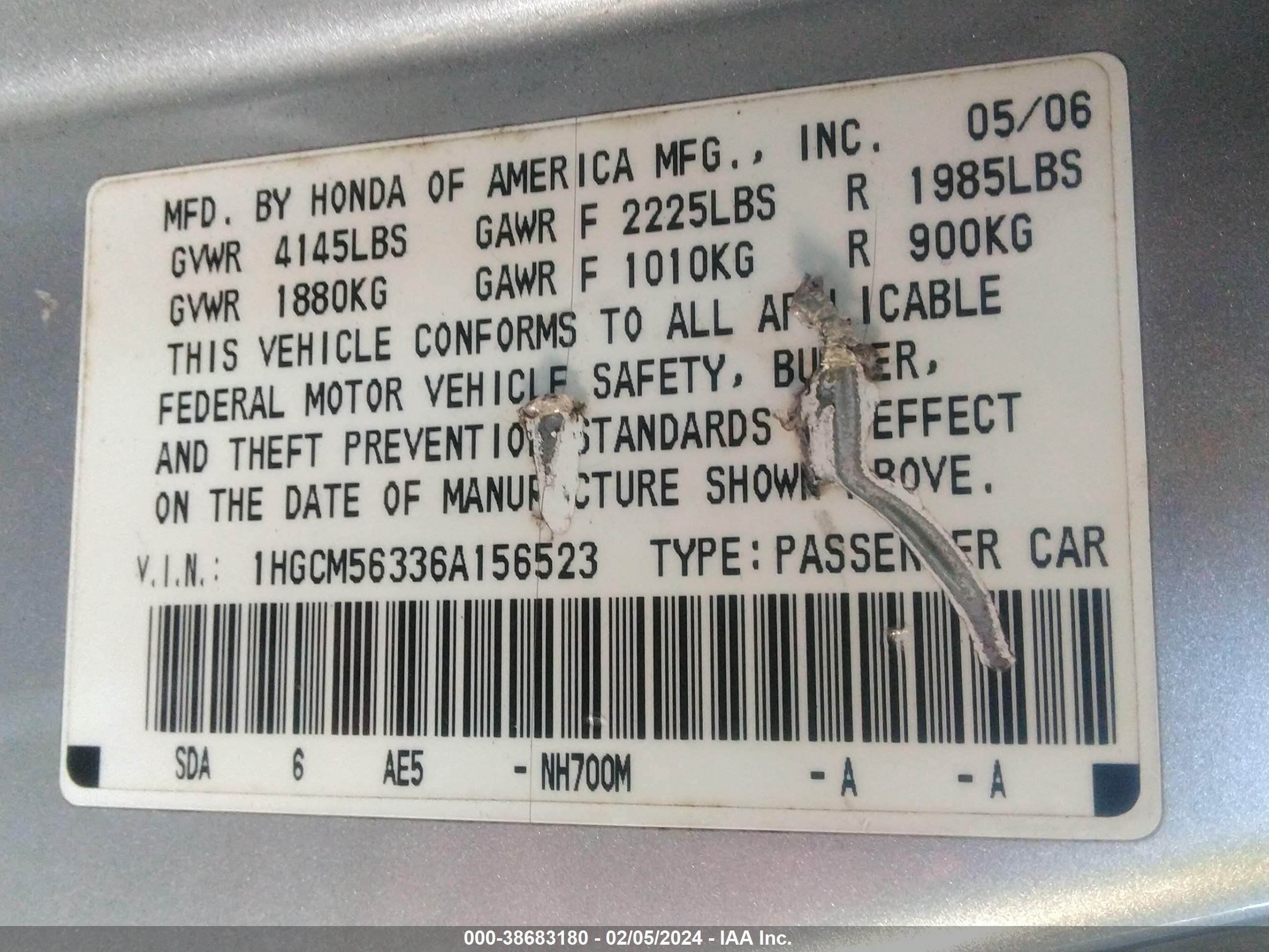 Photo 8 VIN: 1HGCM56336A156523 - HONDA ACCORD 