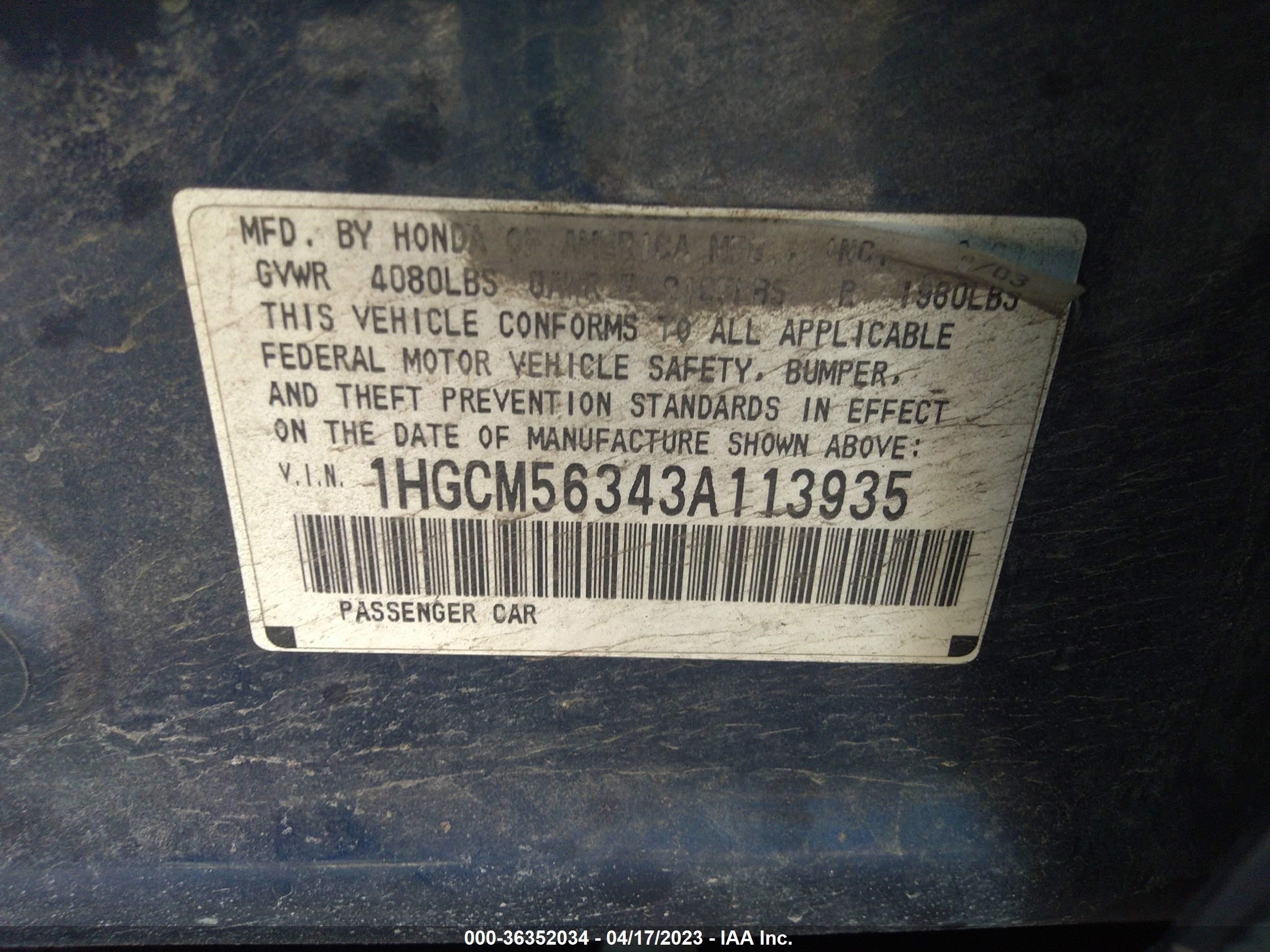 Photo 8 VIN: 1HGCM56343A113935 - HONDA ACCORD 