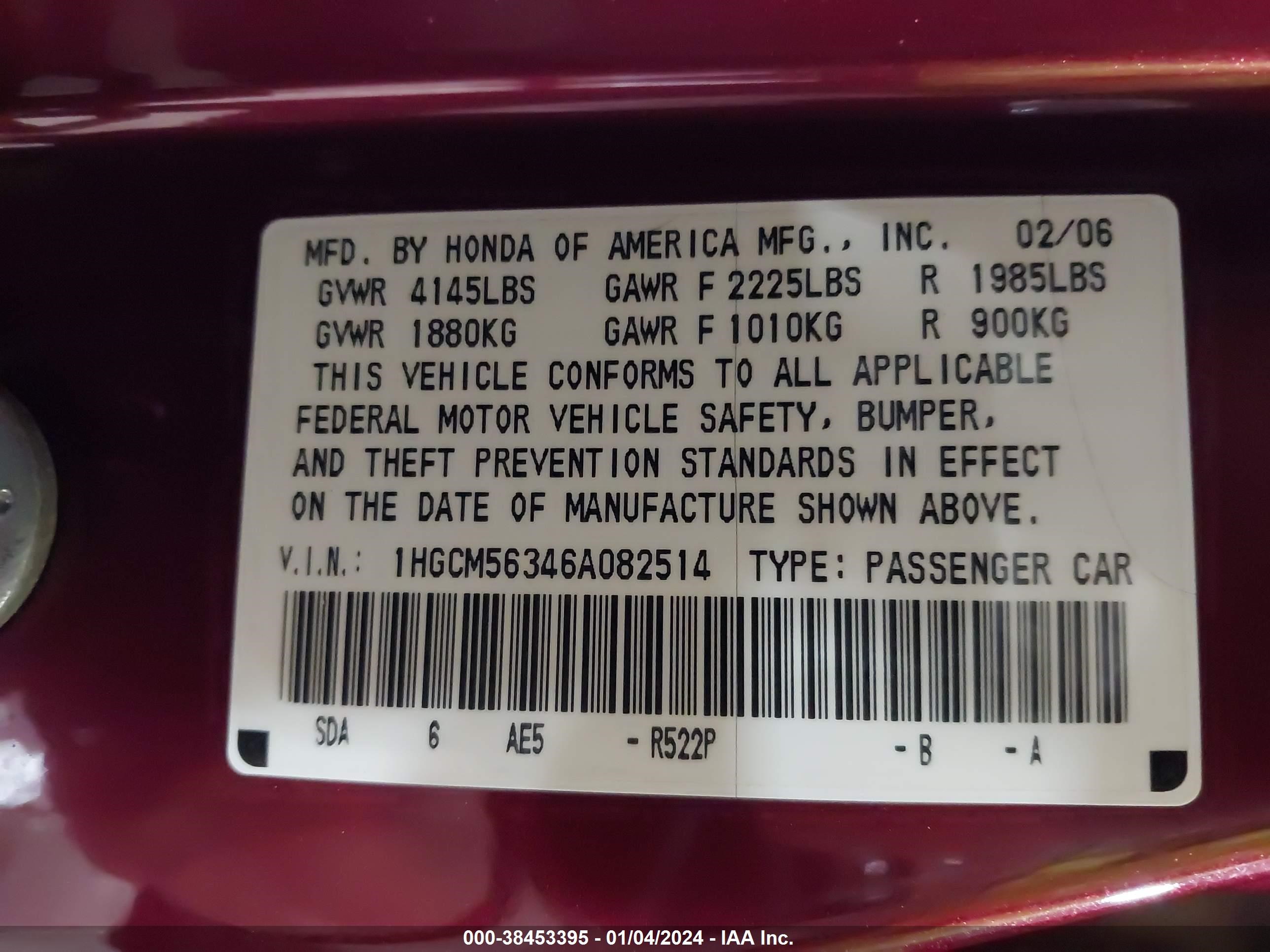 Photo 8 VIN: 1HGCM56346A082514 - HONDA ACCORD 