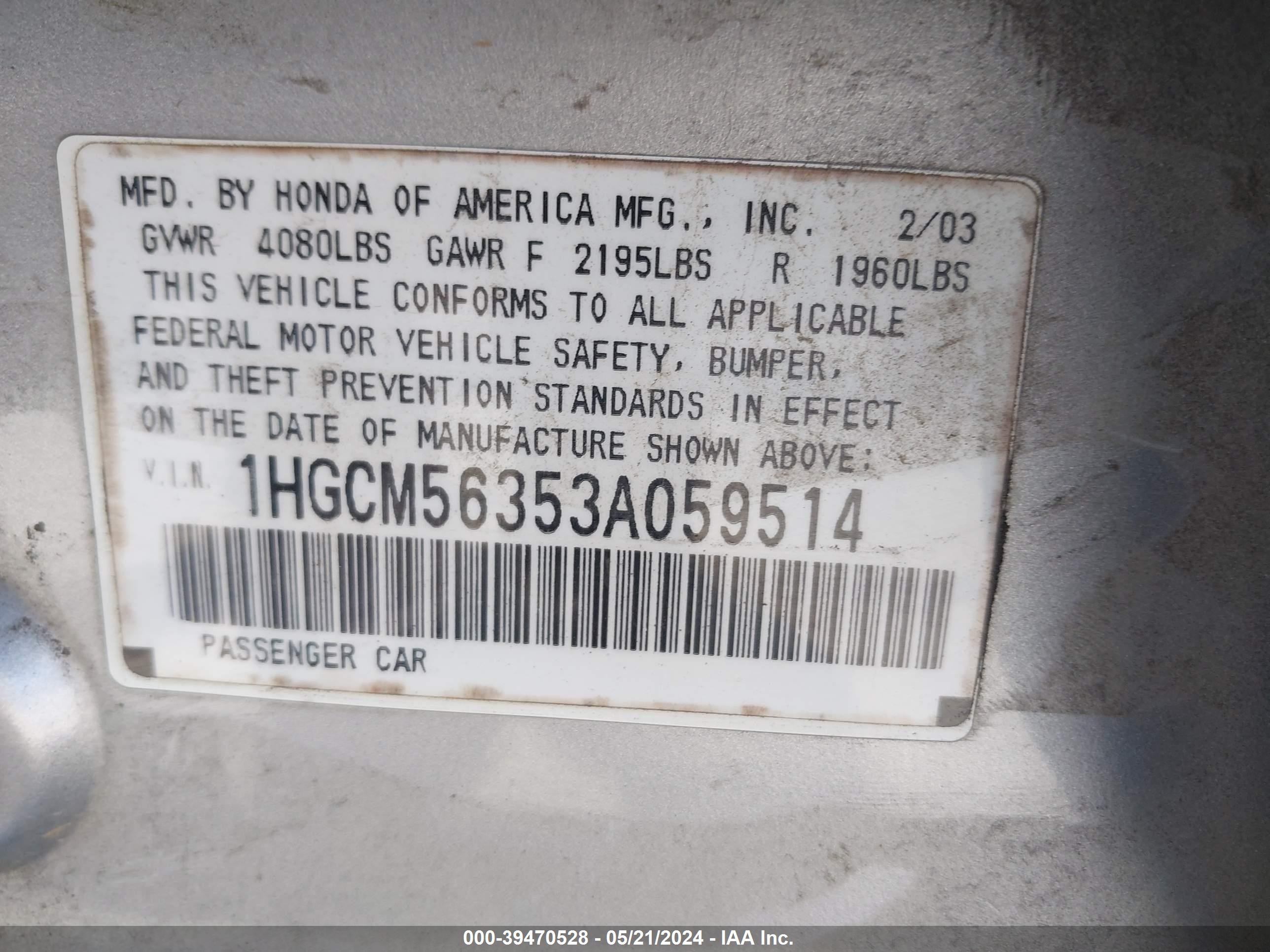 Photo 8 VIN: 1HGCM56353A059514 - HONDA ACCORD 