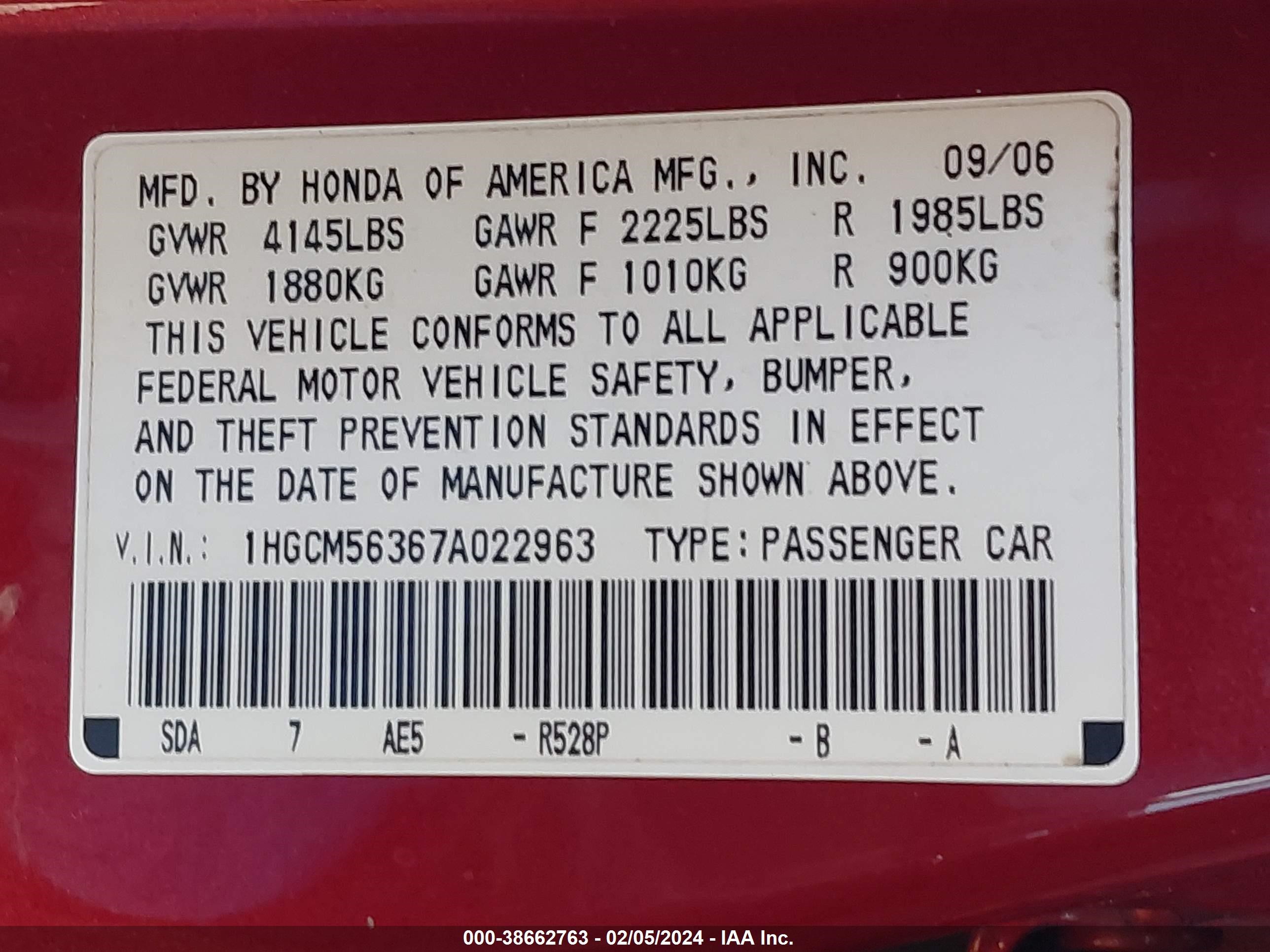 Photo 8 VIN: 1HGCM56367A022963 - HONDA ACCORD 