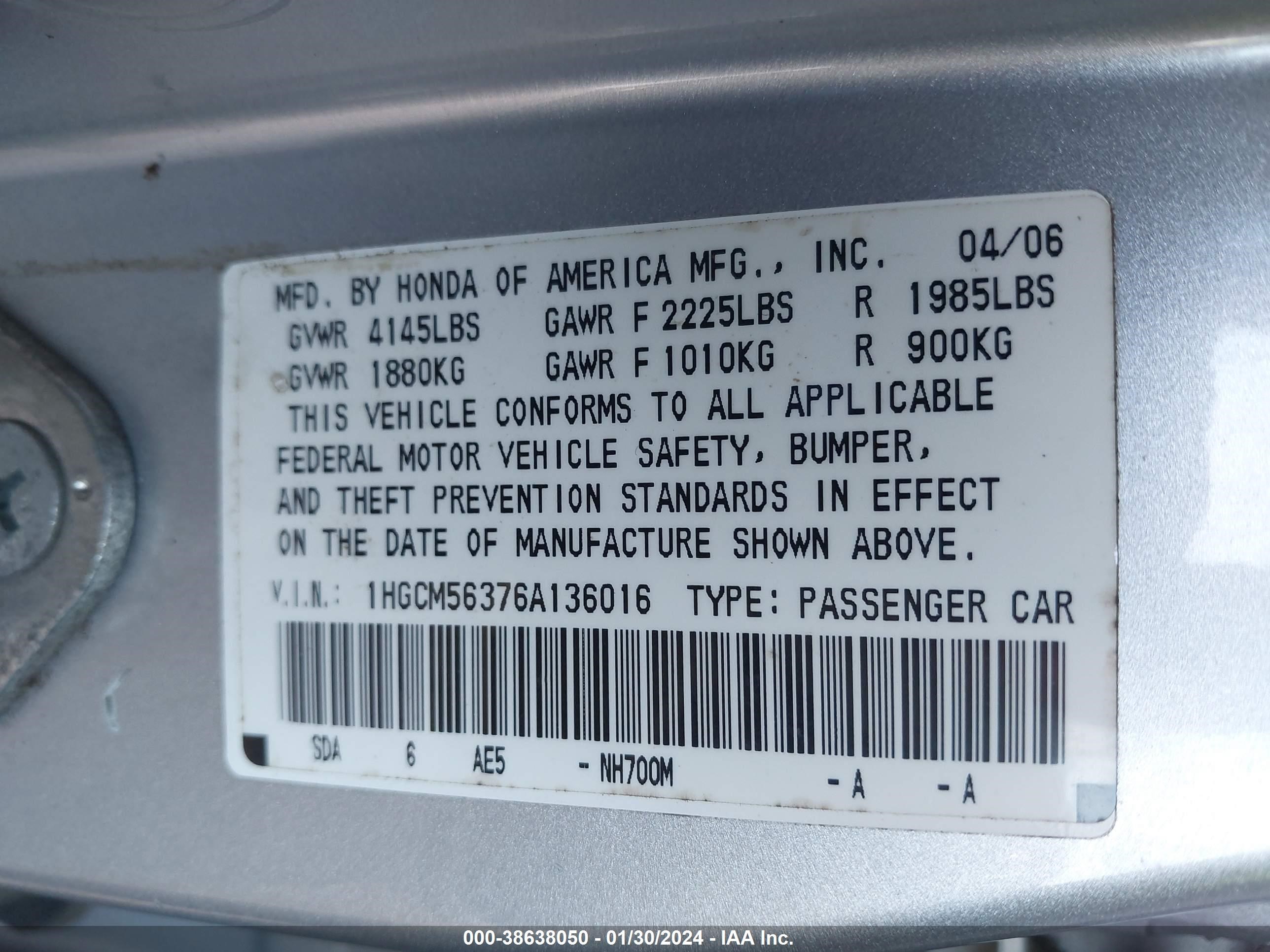 Photo 8 VIN: 1HGCM56376A136016 - HONDA ACCORD 