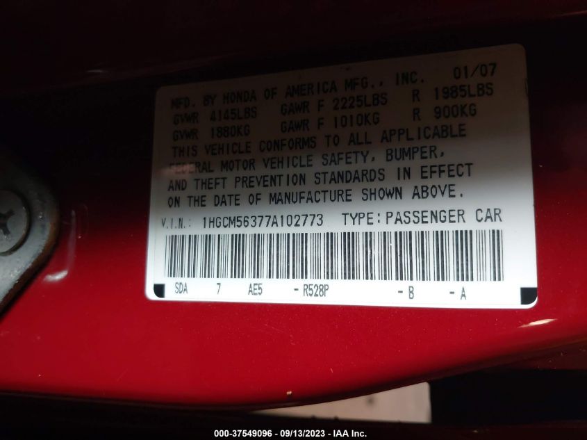 Photo 8 VIN: 1HGCM56377A102773 - HONDA ACCORD 