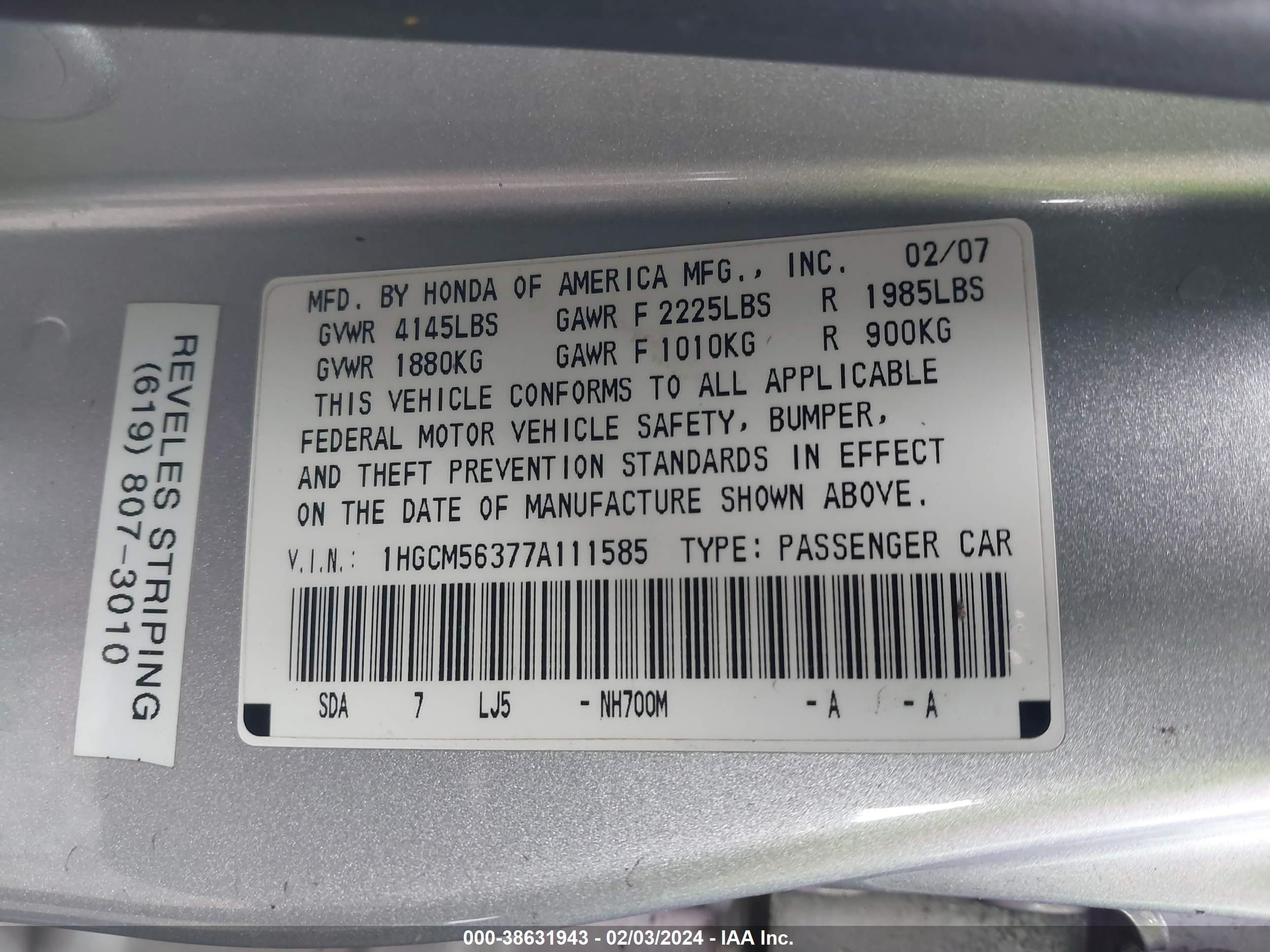 Photo 8 VIN: 1HGCM56377A111585 - HONDA ACCORD 