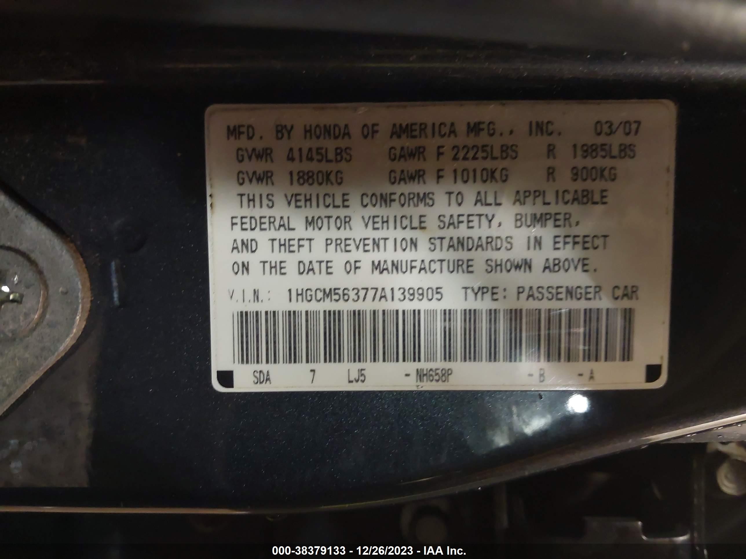 Photo 8 VIN: 1HGCM56377A139905 - HONDA ACCORD 