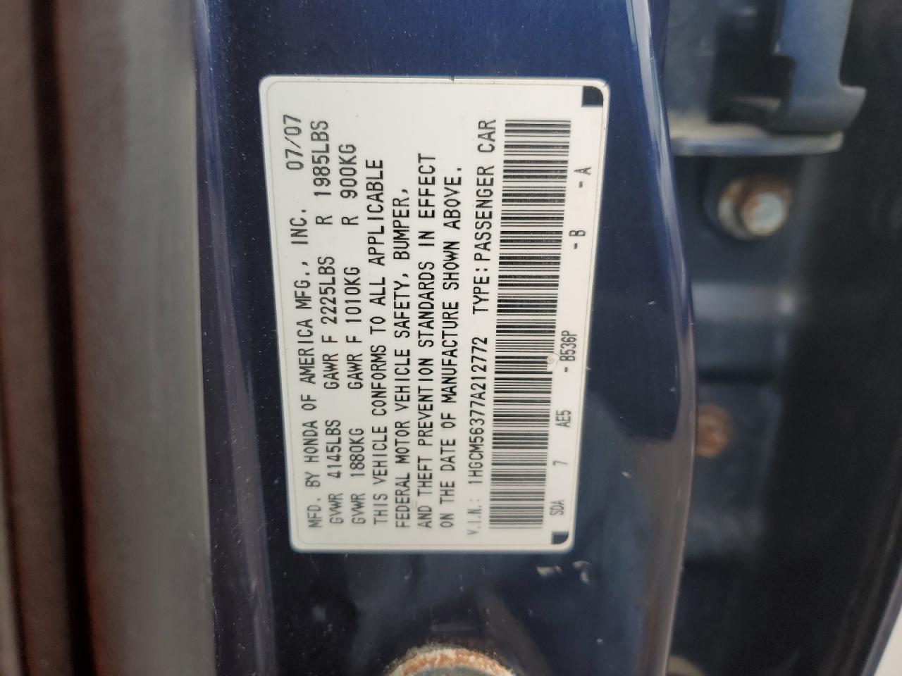 Photo 11 VIN: 1HGCM56377A212772 - HONDA ACCORD 