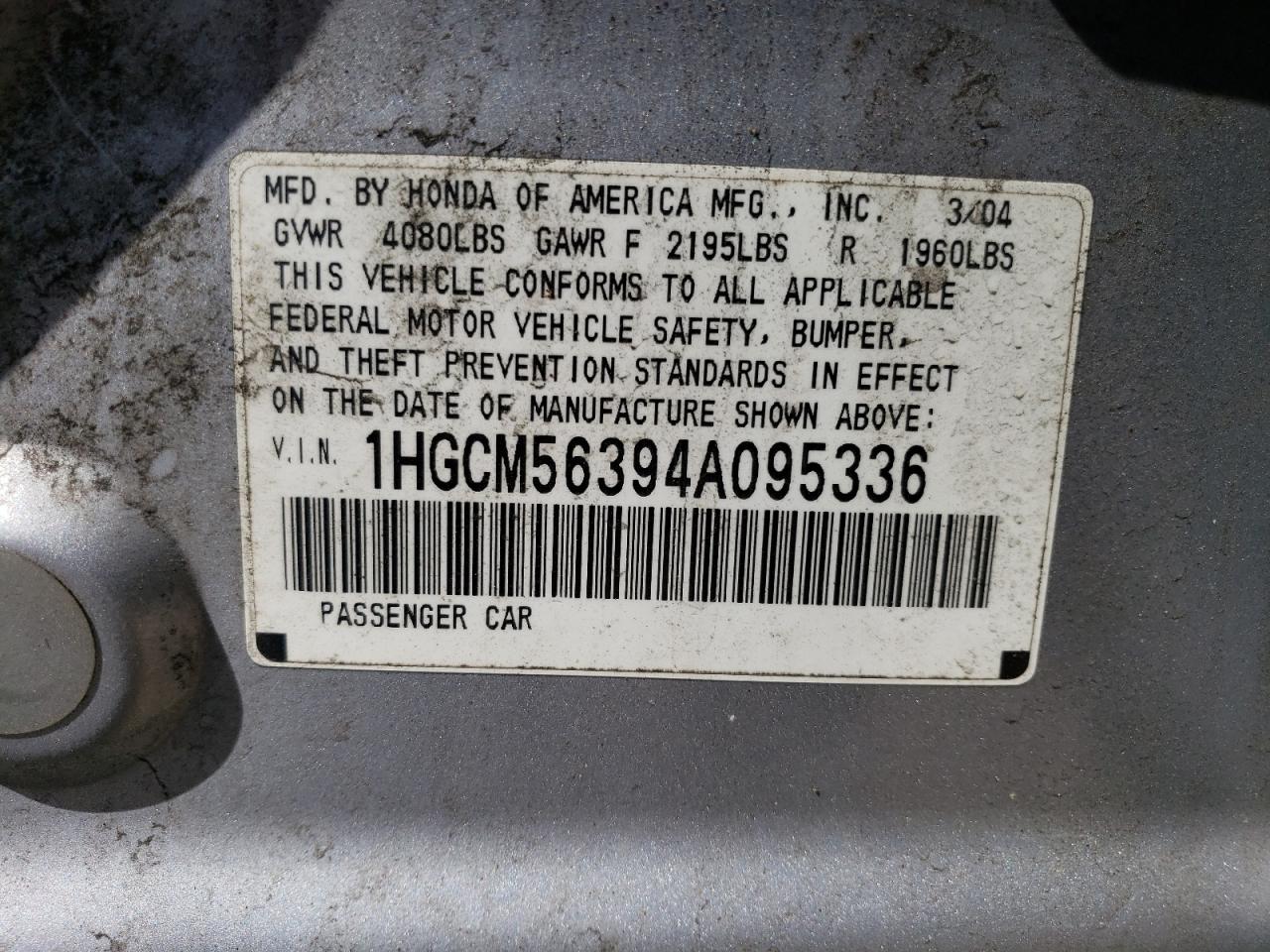 Photo 12 VIN: 1HGCM56394A095336 - HONDA ACCORD 