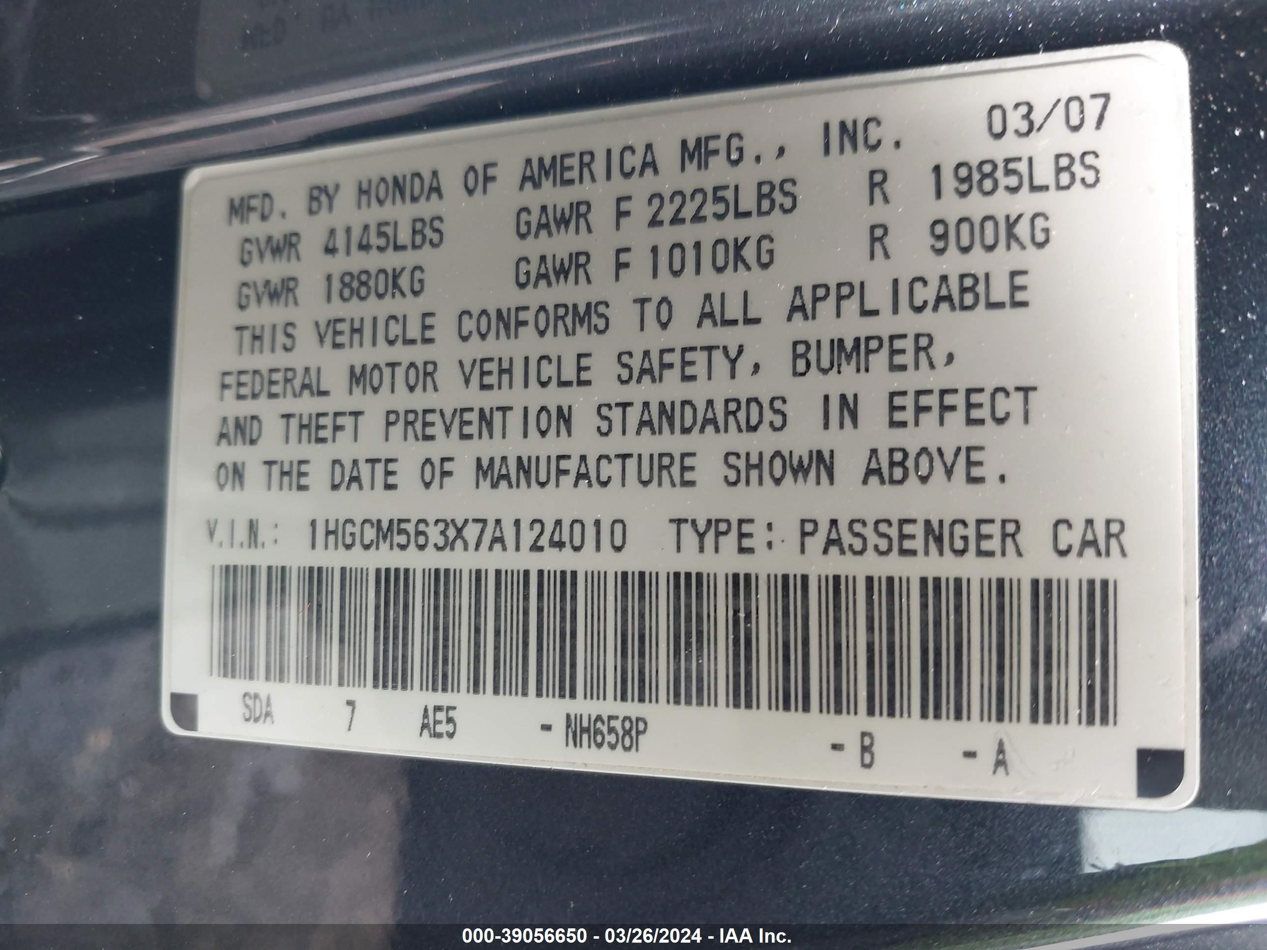 Photo 8 VIN: 1HGCM563X7A124010 - HONDA ACCORD 