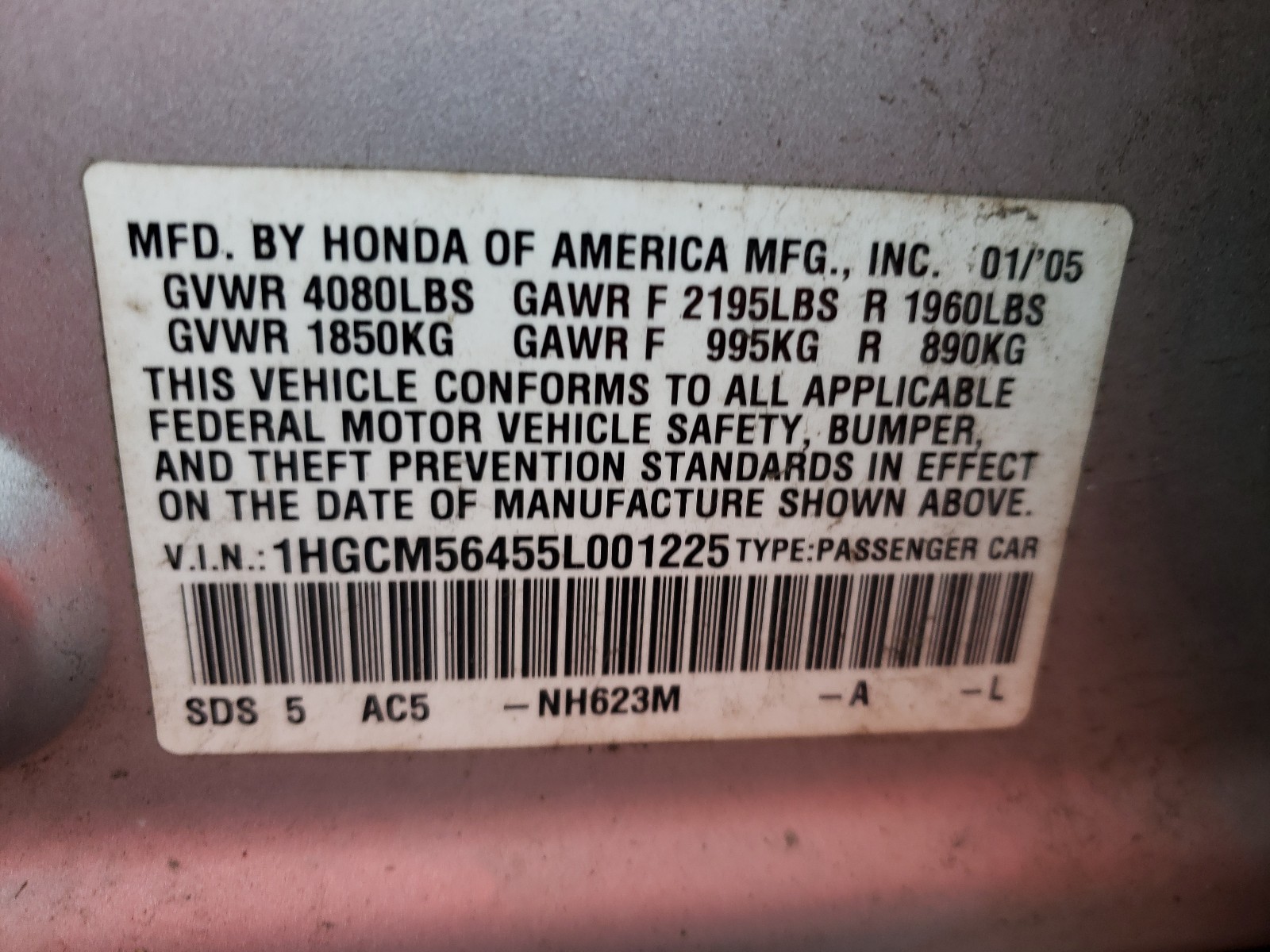 Photo 9 VIN: 1HGCM56455L001225 - HONDA ACCORD LX 