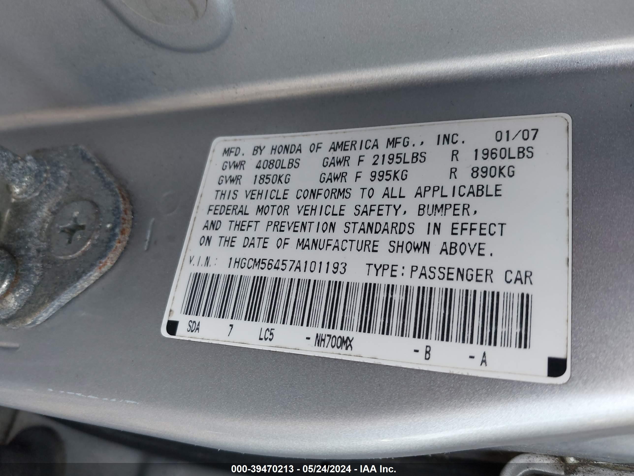 Photo 8 VIN: 1HGCM56457A101193 - HONDA ACCORD 