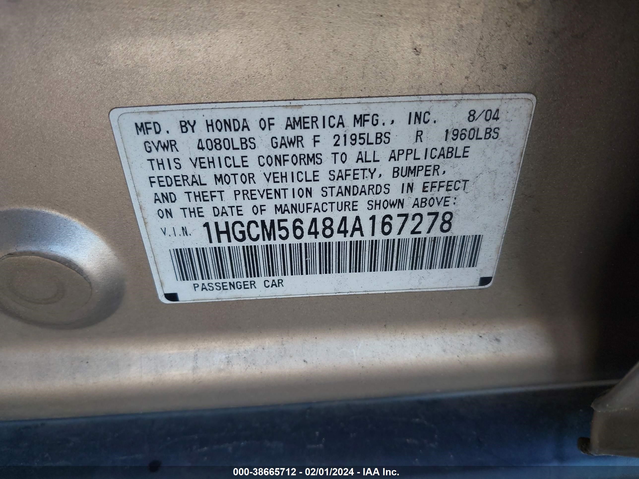 Photo 8 VIN: 1HGCM56484A167278 - HONDA ACCORD 