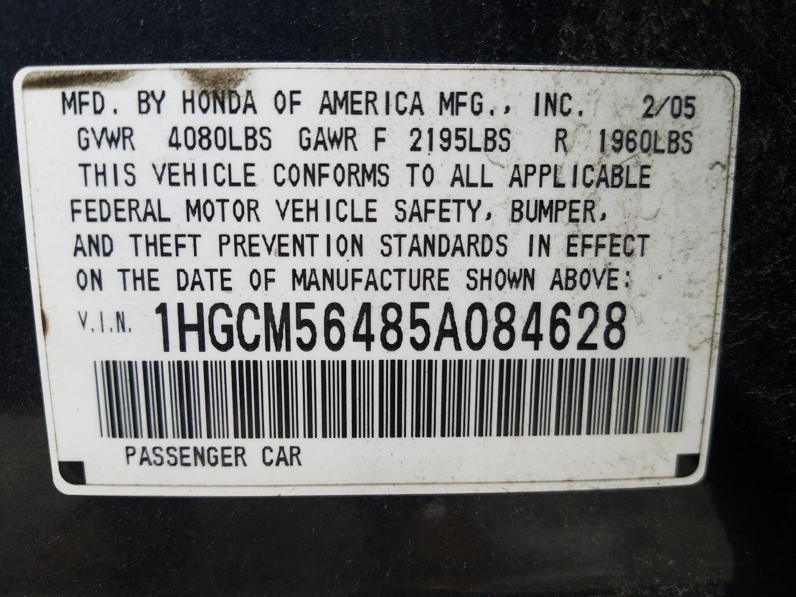 Photo 9 VIN: 1HGCM56485A084628 - HONDA ACCORD LX 