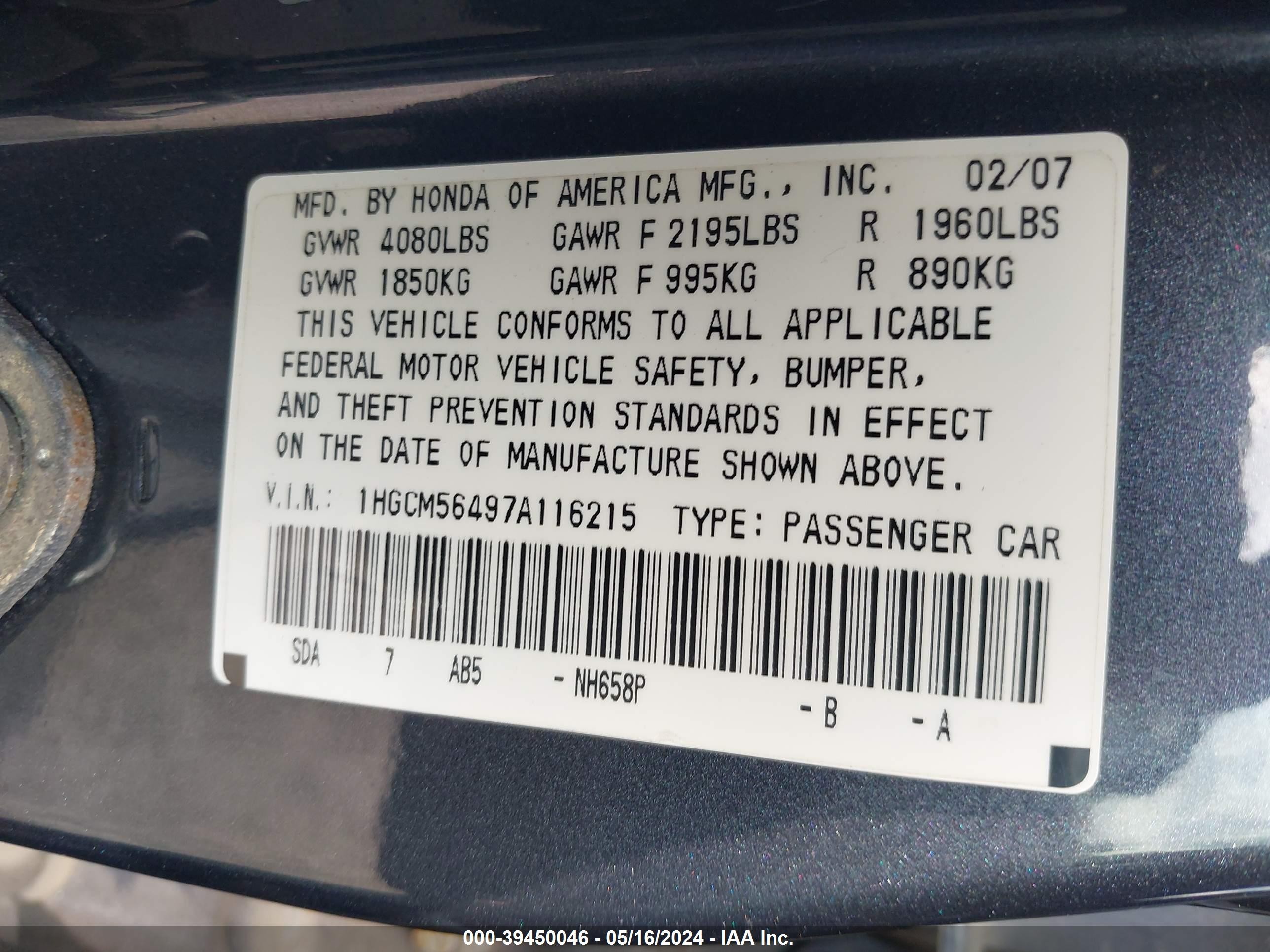 Photo 8 VIN: 1HGCM56497A116215 - HONDA ACCORD 