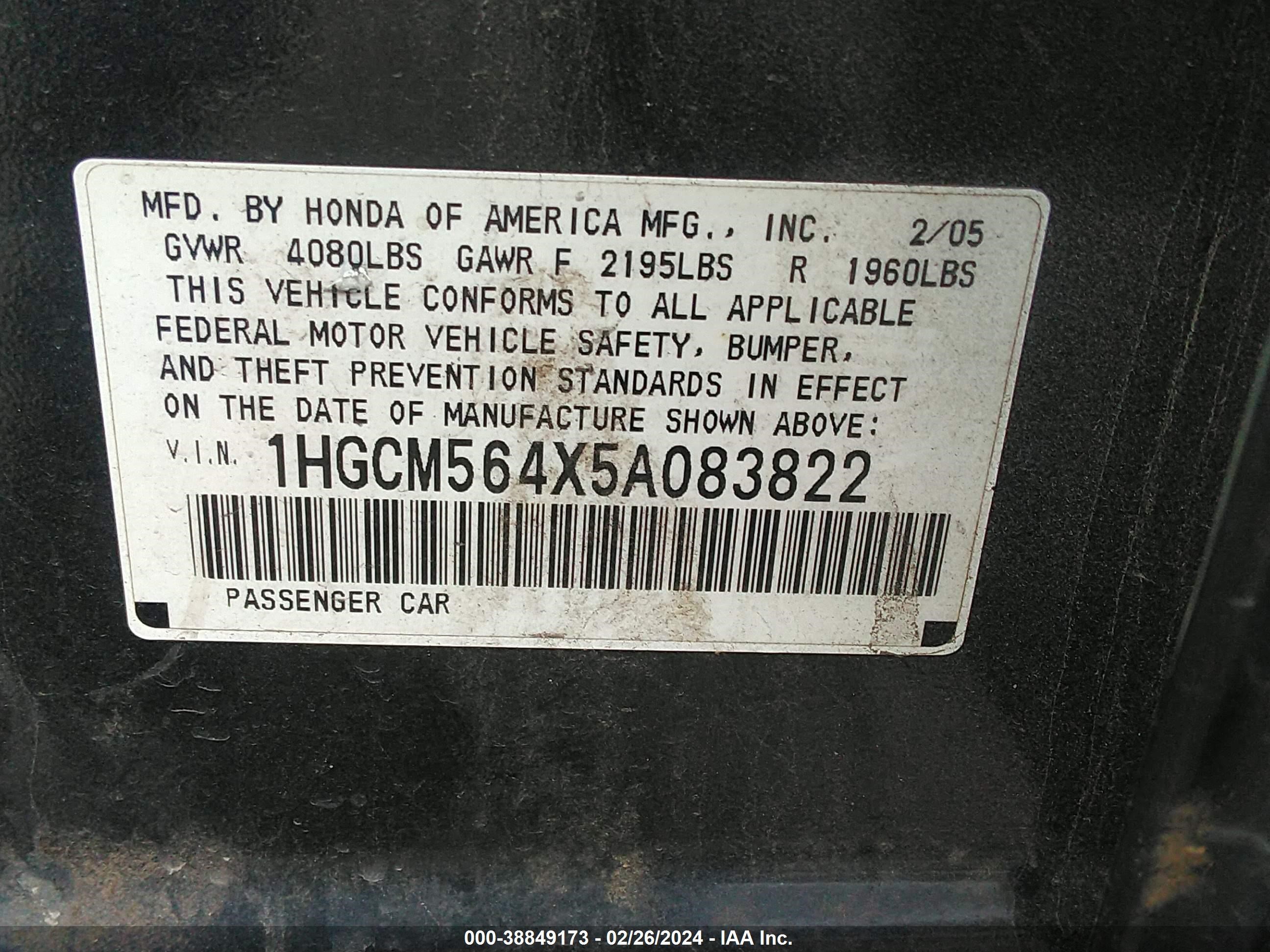 Photo 8 VIN: 1HGCM564X5A083822 - HONDA ACCORD 