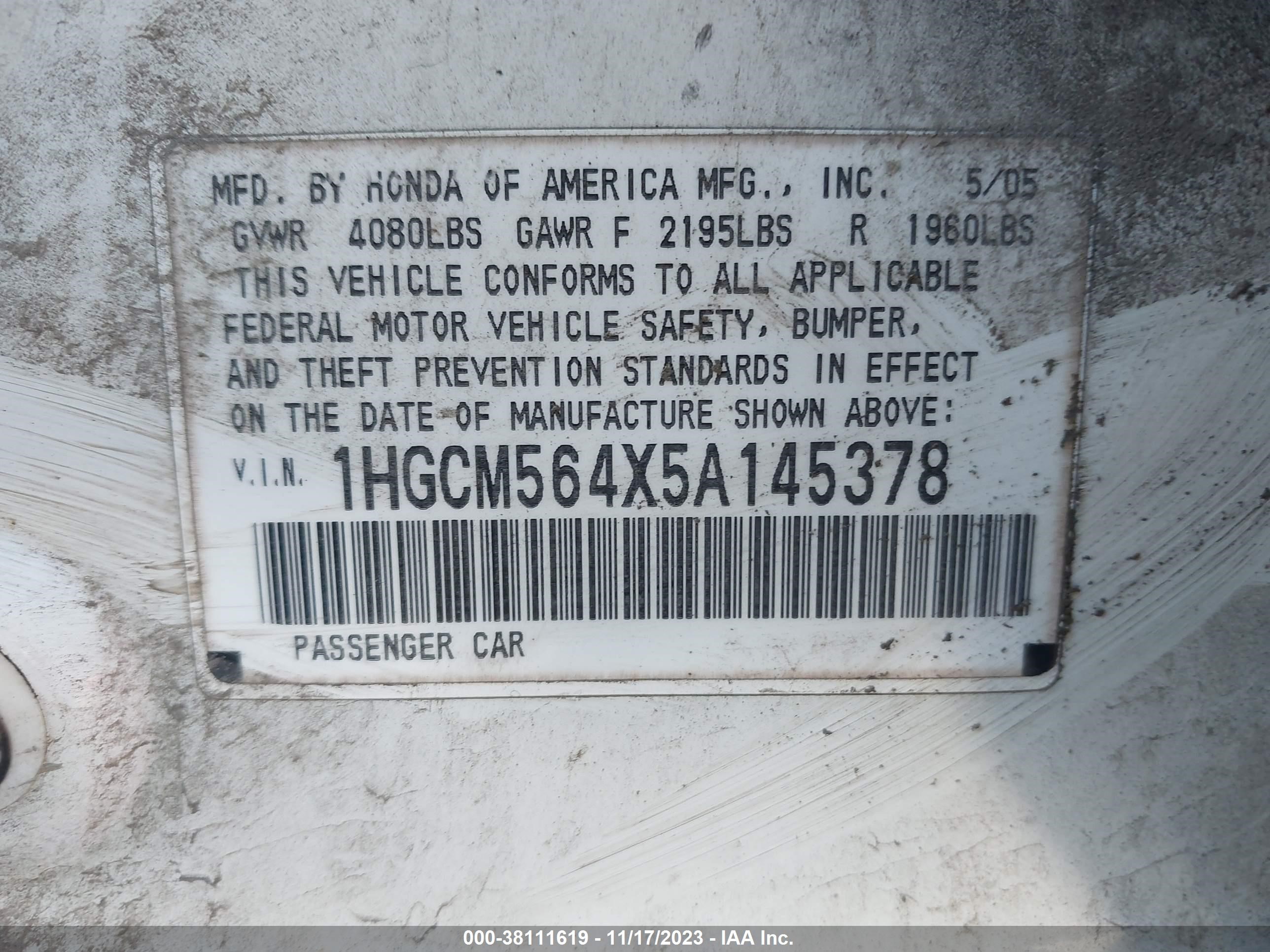 Photo 8 VIN: 1HGCM564X5A145378 - HONDA ACCORD 