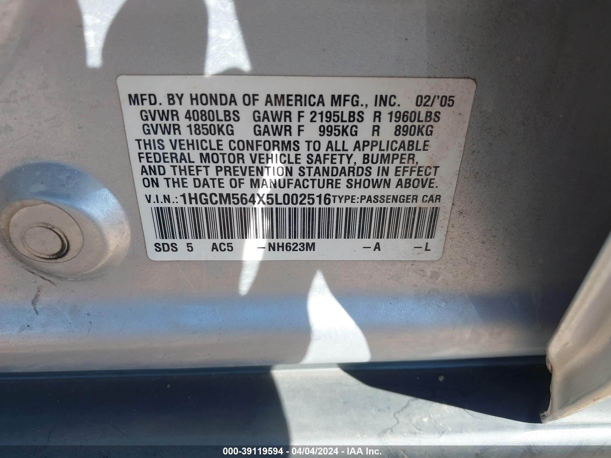 Photo 8 VIN: 1HGCM564X5L002516 - HONDA ACCORD 