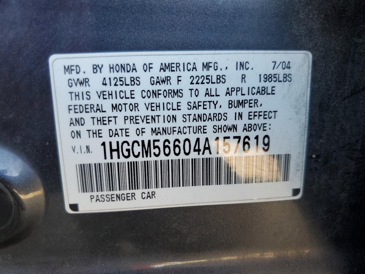 Photo 11 VIN: 1HGCM56604A157619 - HONDA ACCORD 