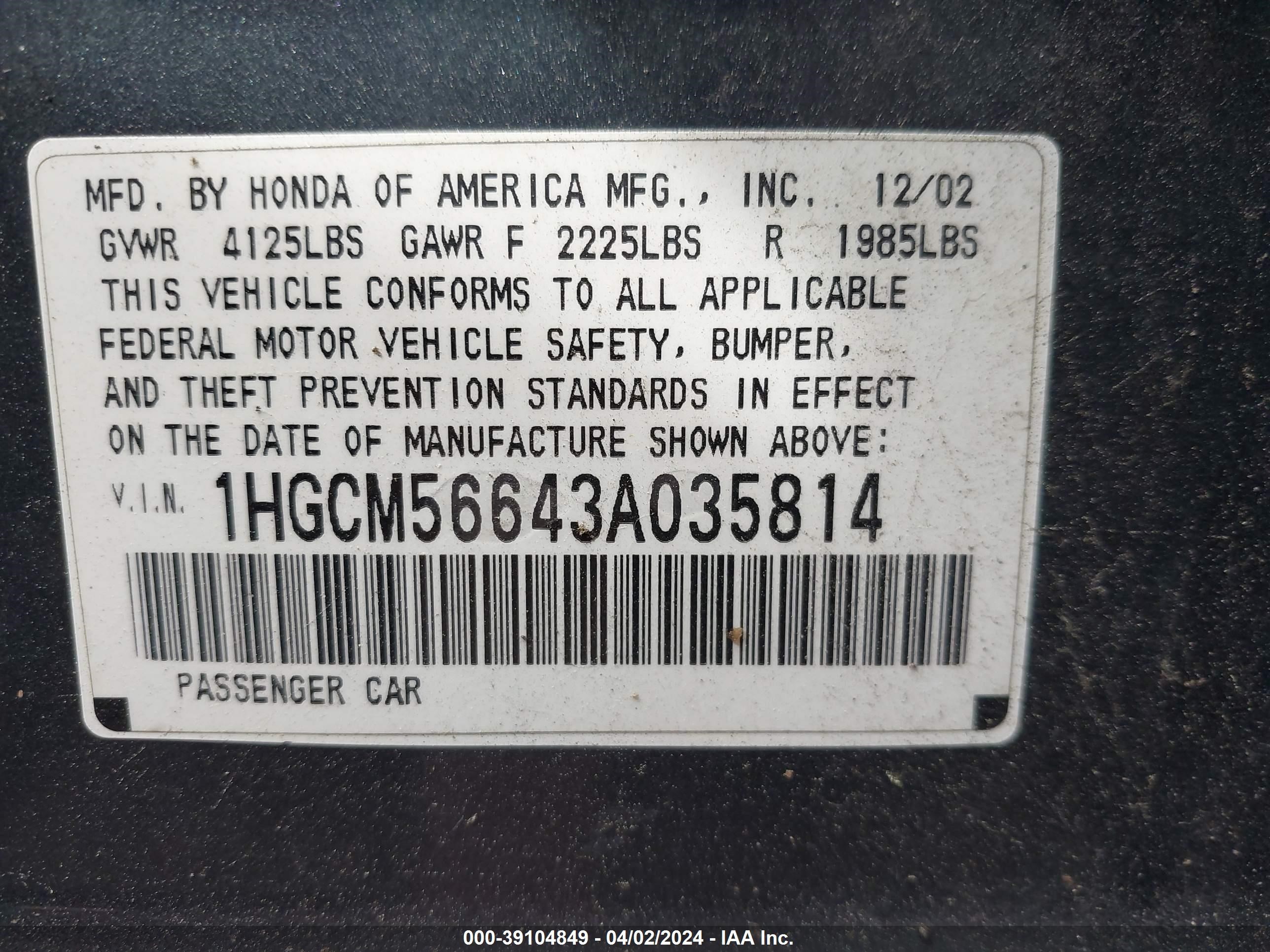 Photo 8 VIN: 1HGCM56643A035814 - HONDA ACCORD 