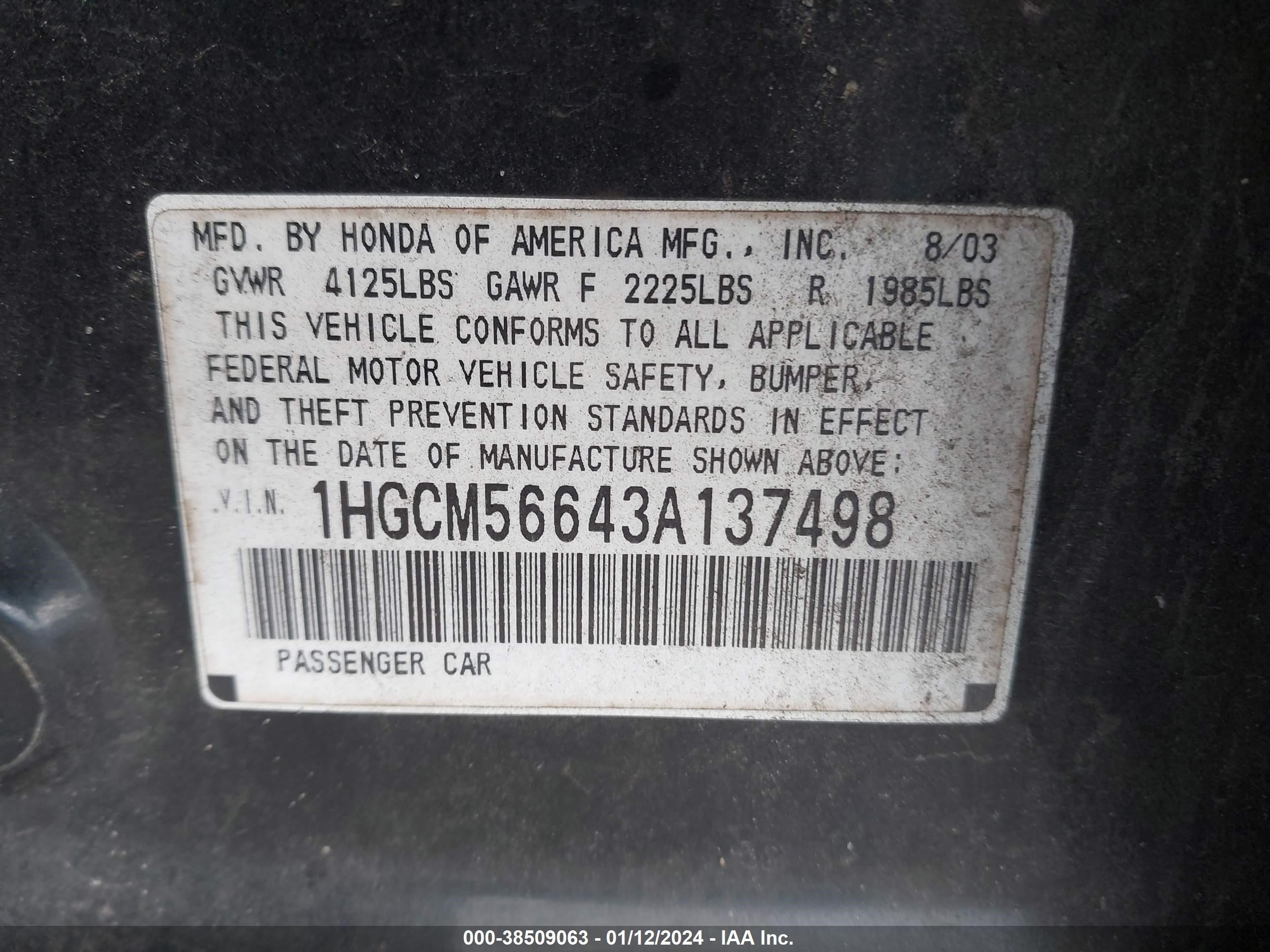 Photo 8 VIN: 1HGCM56643A137498 - HONDA ACCORD 