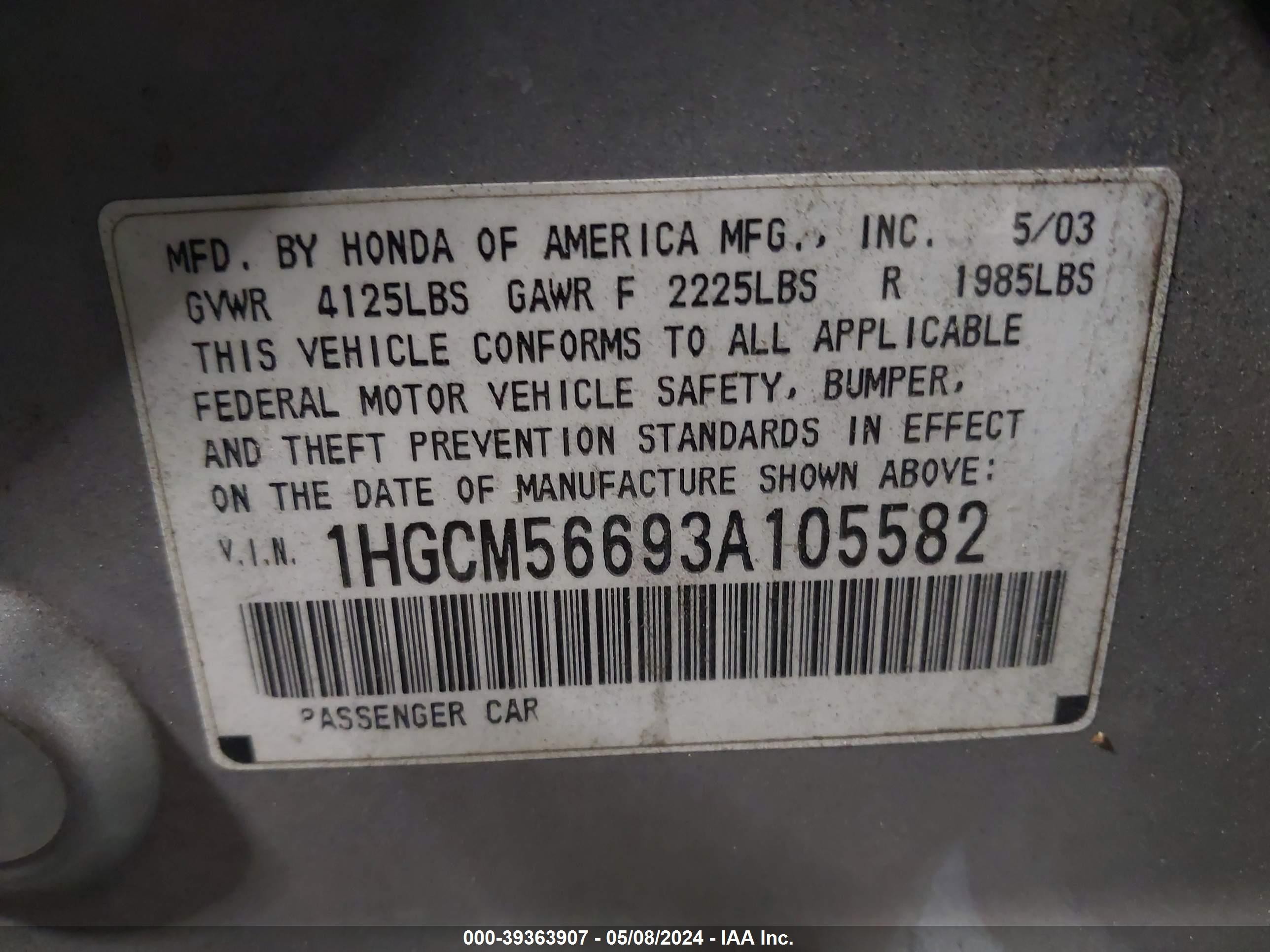 Photo 8 VIN: 1HGCM56693A105582 - HONDA ACCORD 