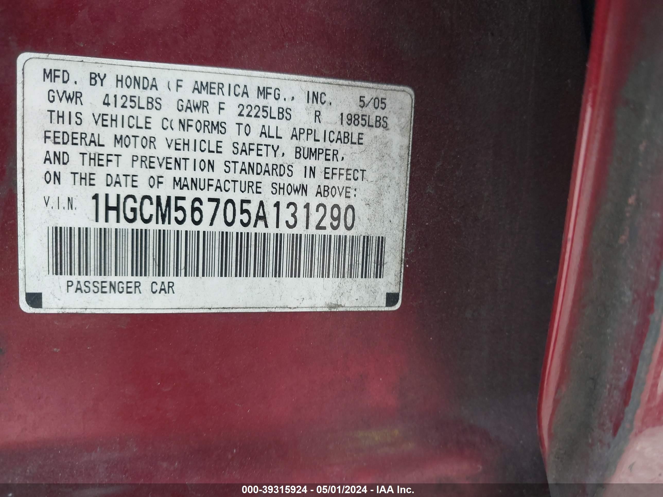 Photo 8 VIN: 1HGCM56705A131290 - HONDA ACCORD 