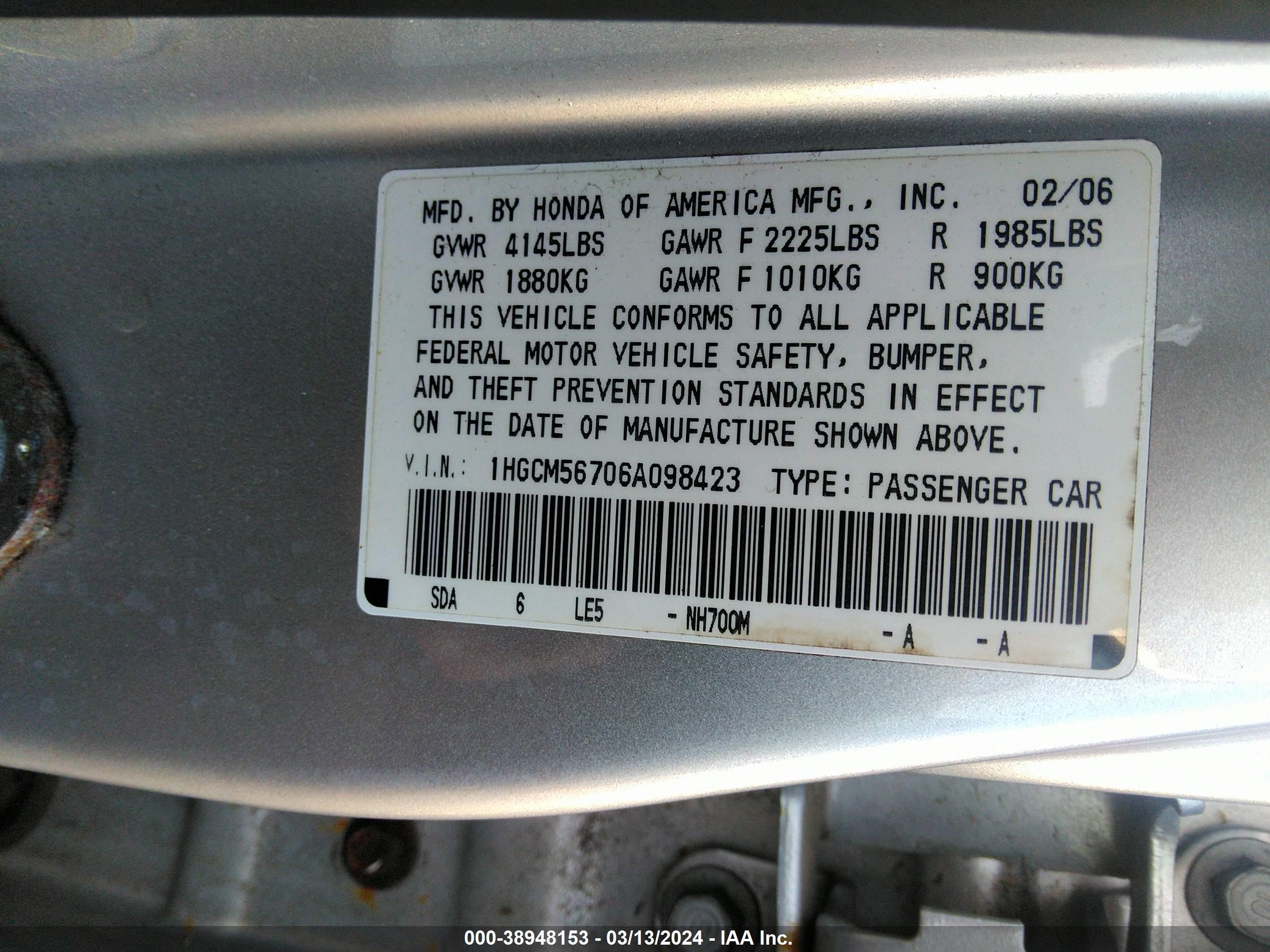 Photo 8 VIN: 1HGCM56706A098423 - HONDA ACCORD 