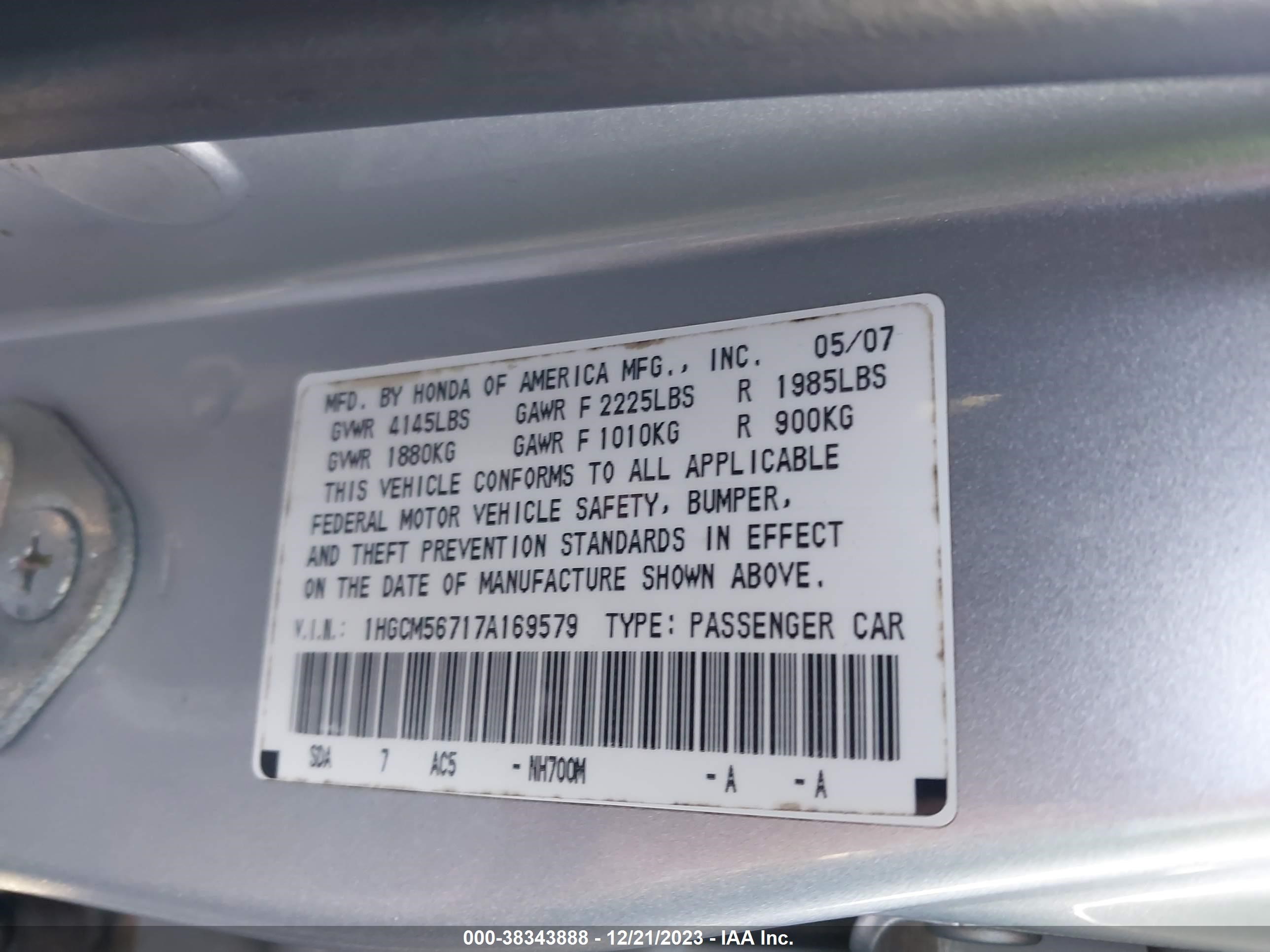 Photo 8 VIN: 1HGCM56717A169579 - HONDA ACCORD 