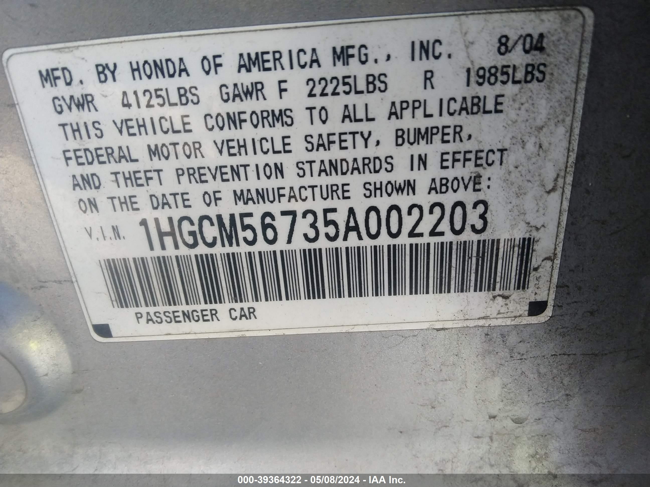 Photo 8 VIN: 1HGCM56735A002203 - HONDA ACCORD 