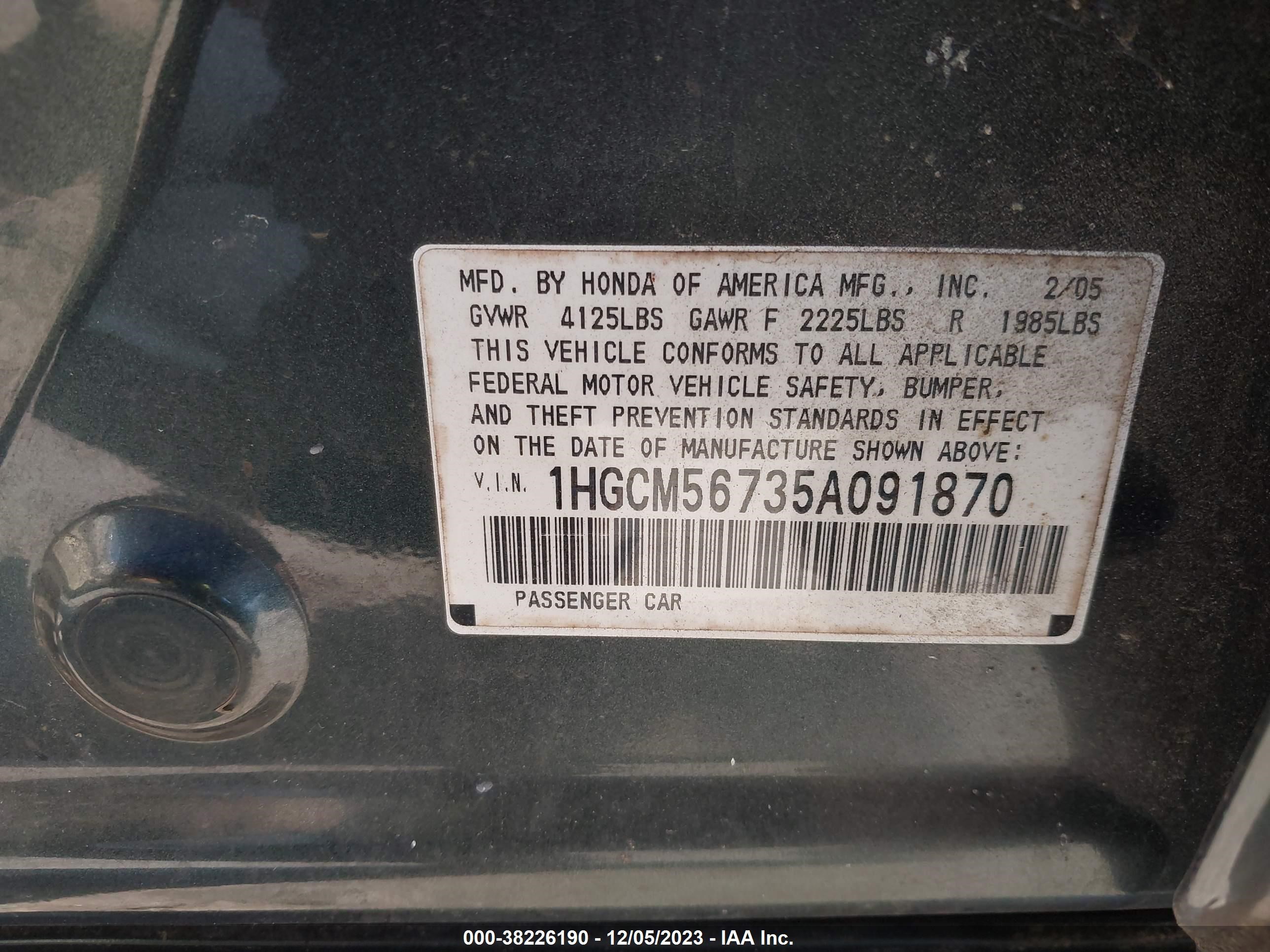 Photo 8 VIN: 1HGCM56735A091870 - HONDA ACCORD 