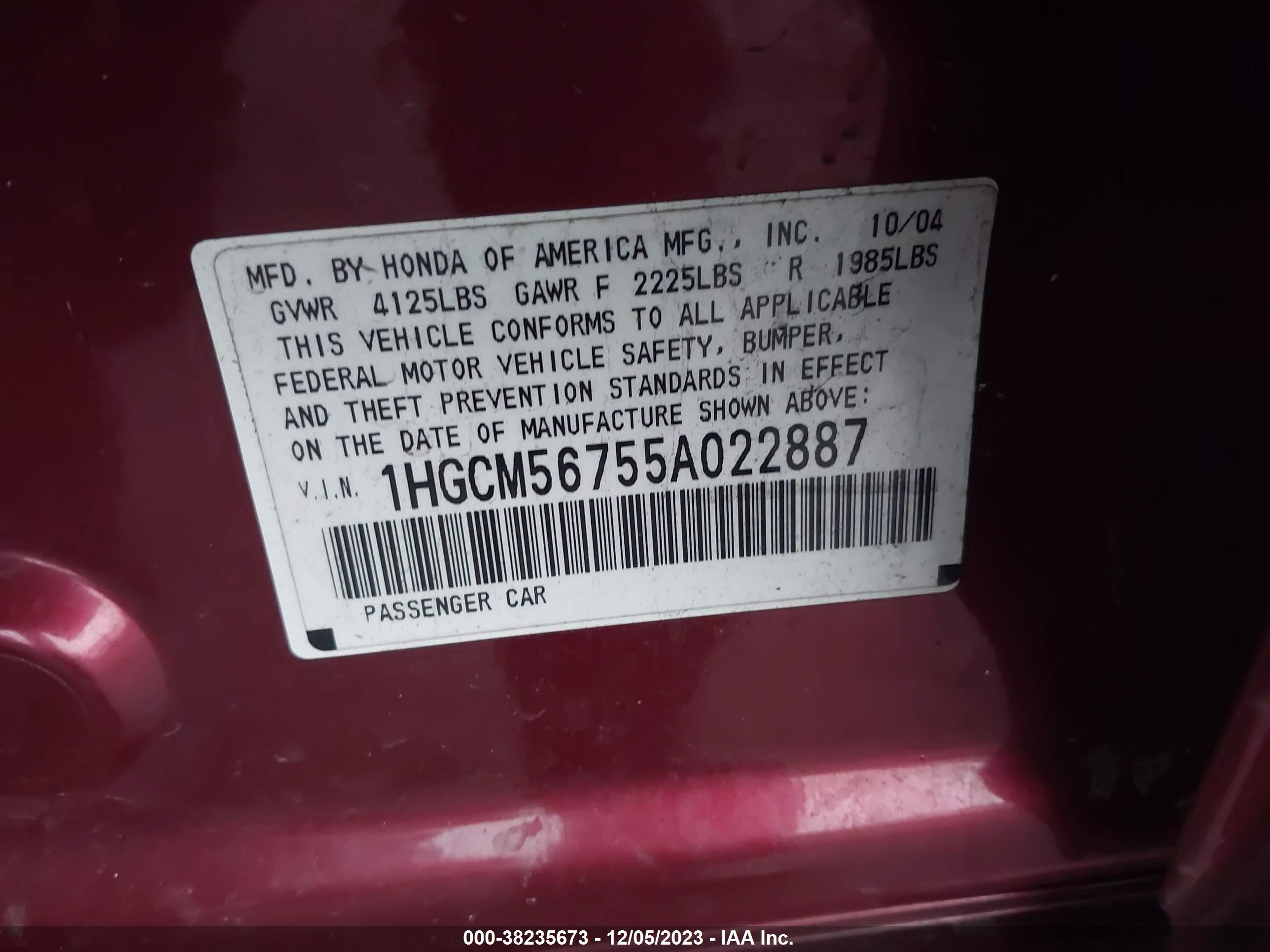 Photo 8 VIN: 1HGCM56755A022887 - HONDA ACCORD 