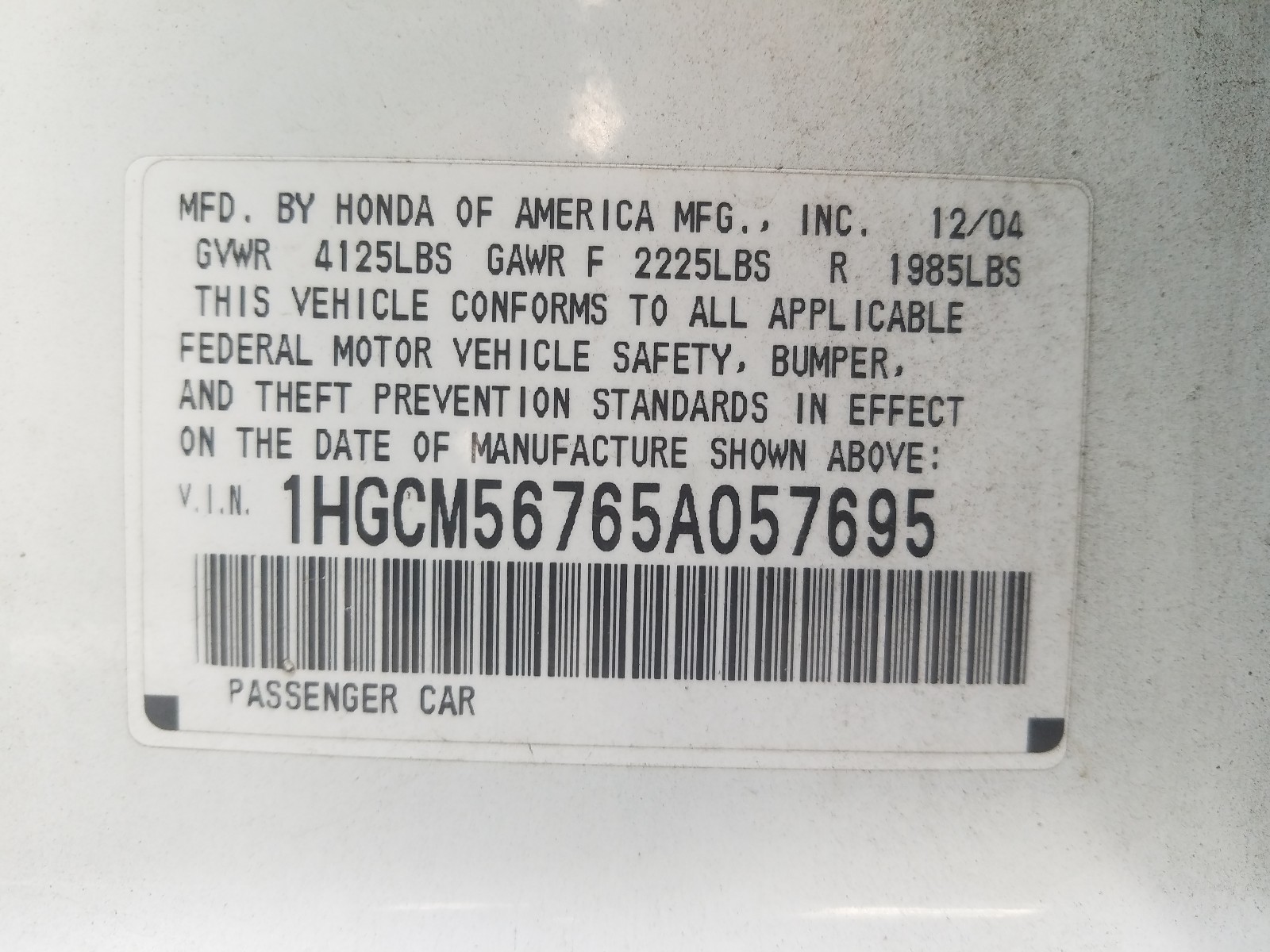 Photo 9 VIN: 1HGCM56765A057695 - HONDA ACCORD EX 