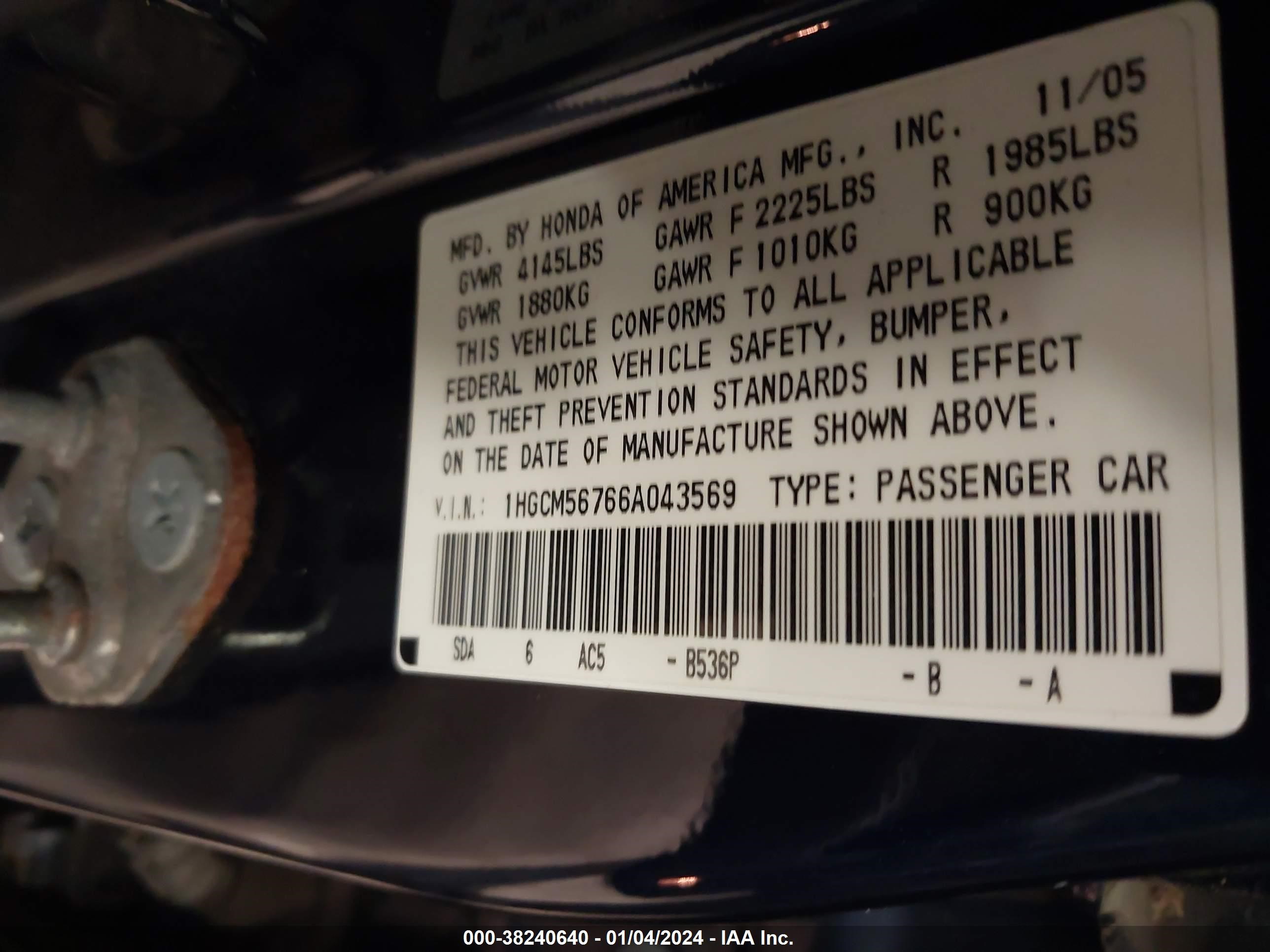 Photo 8 VIN: 1HGCM56766A043569 - HONDA ACCORD 