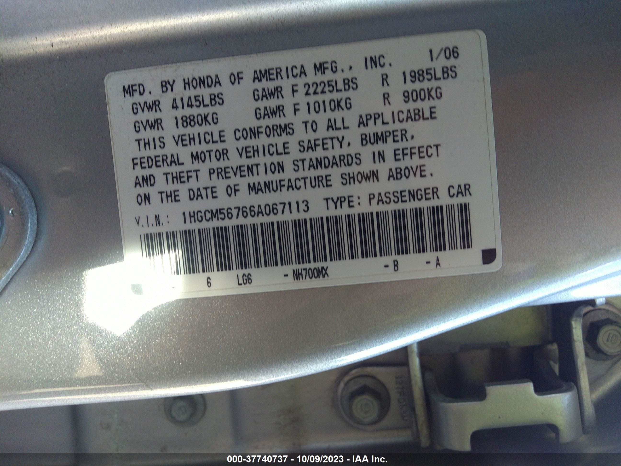 Photo 8 VIN: 1HGCM56766A067113 - HONDA ACCORD 