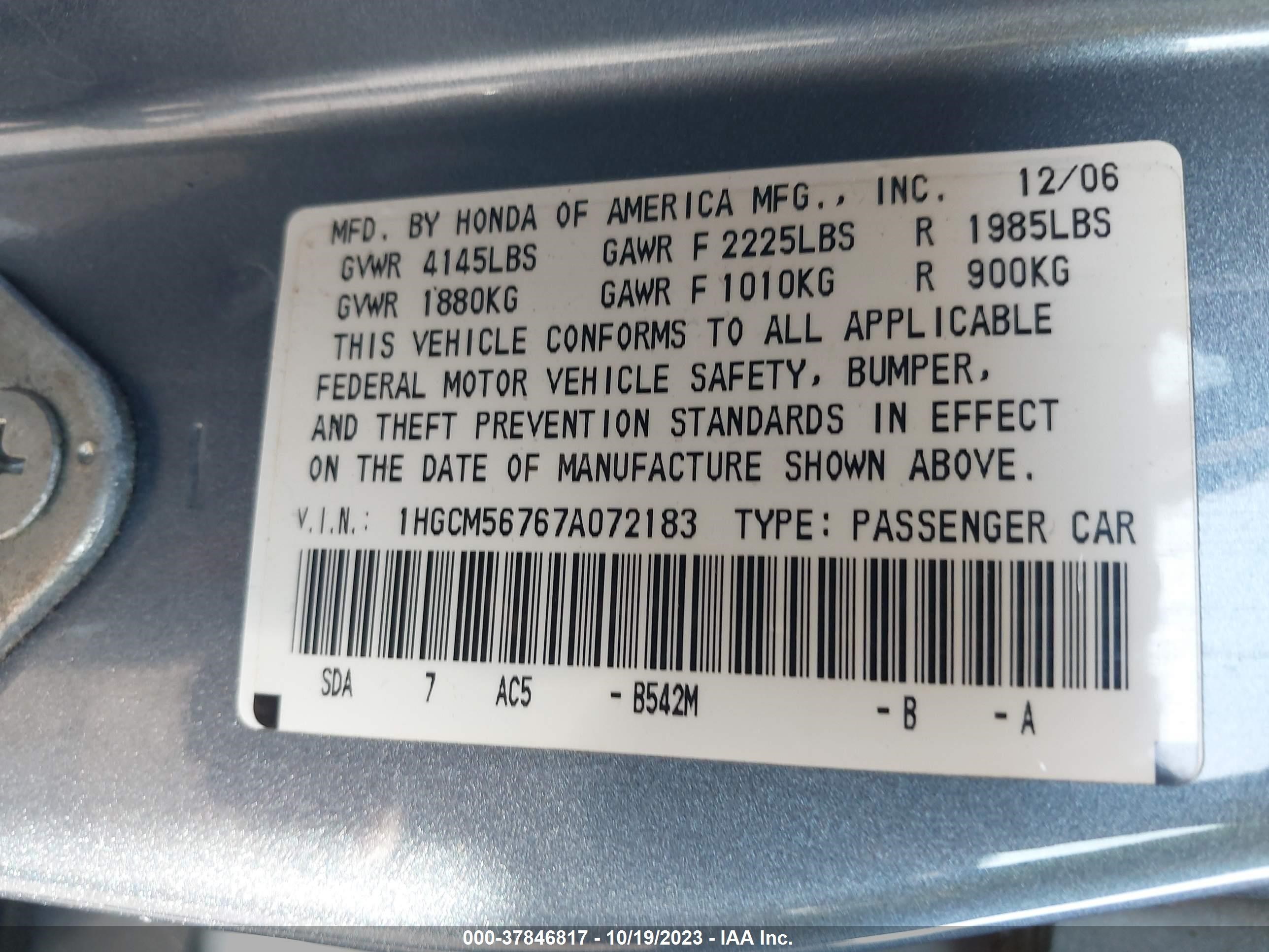 Photo 8 VIN: 1HGCM56767A072183 - HONDA ACCORD 