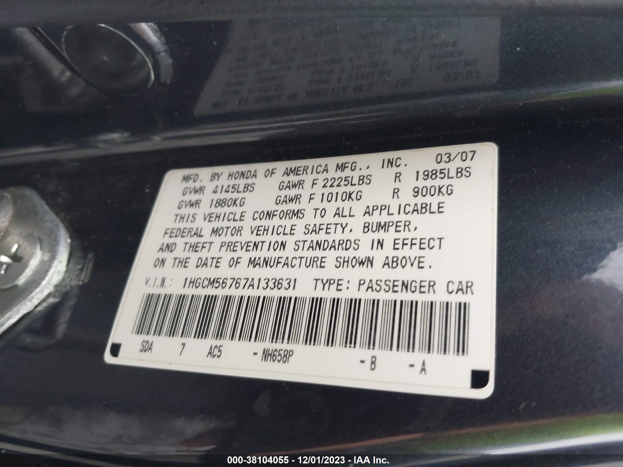 Photo 8 VIN: 1HGCM56767A133631 - HONDA ACCORD 