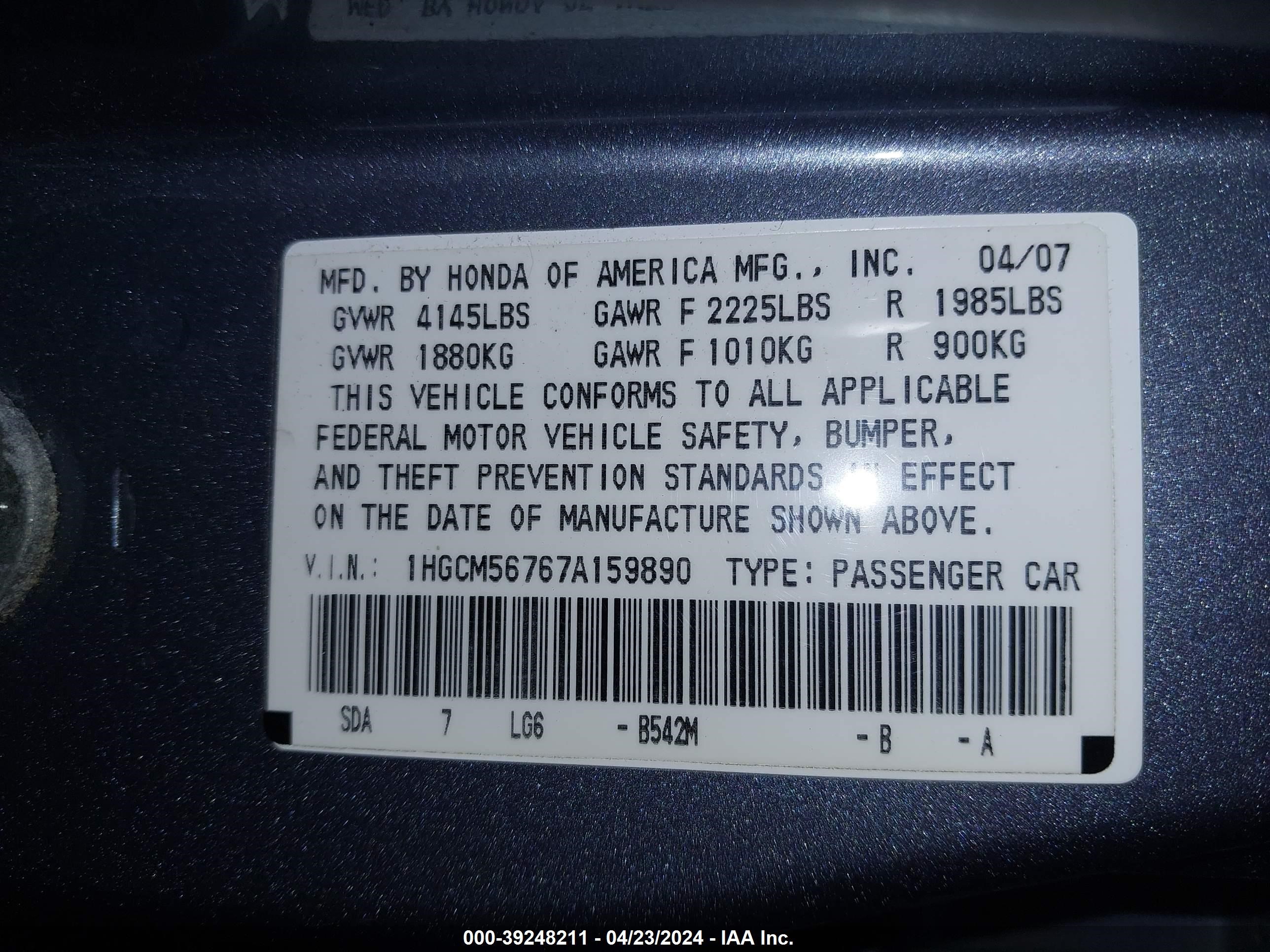 Photo 16 VIN: 1HGCM56767A159890 - HONDA ACCORD 