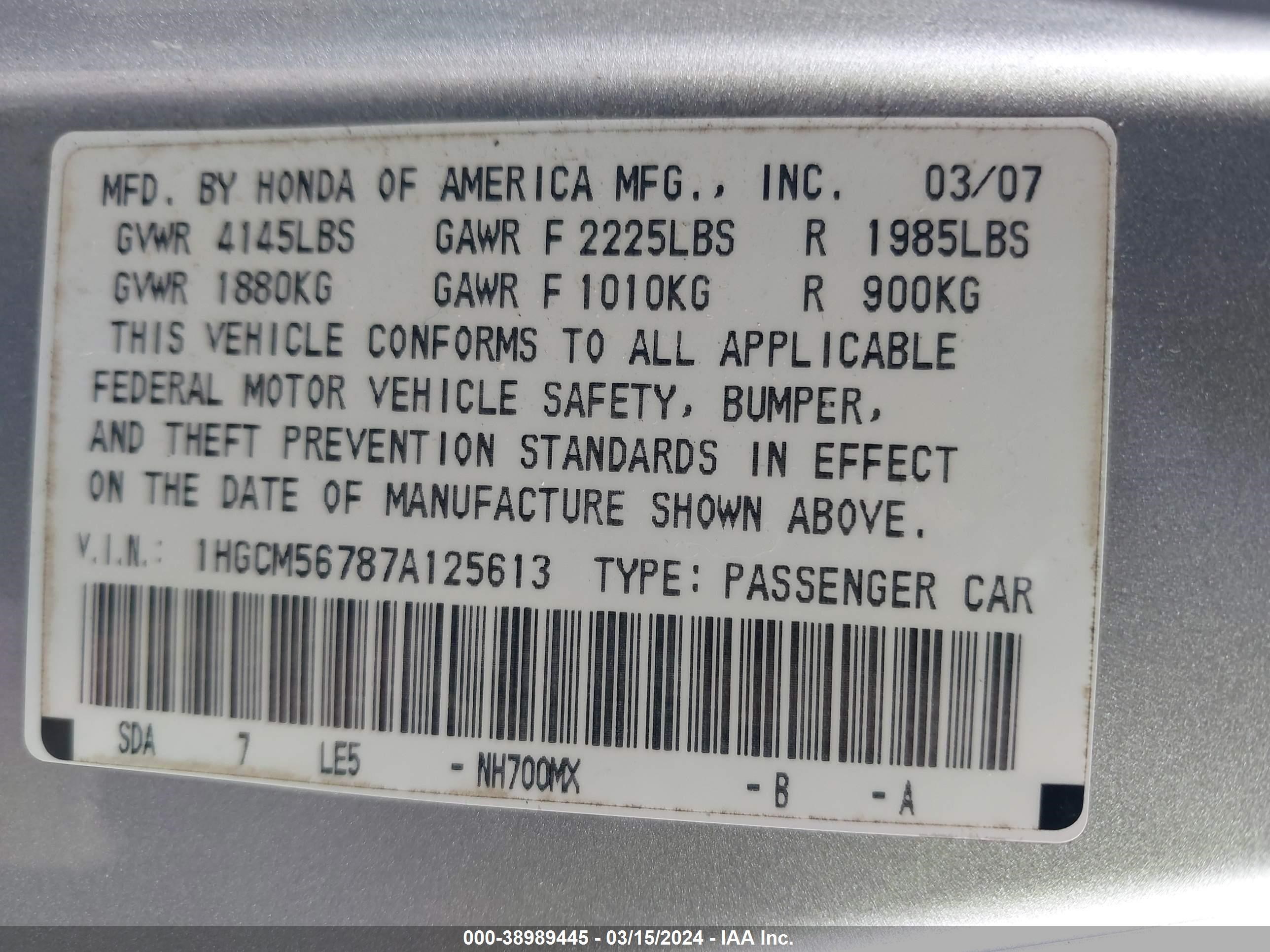 Photo 8 VIN: 1HGCM56787A125613 - HONDA ACCORD 