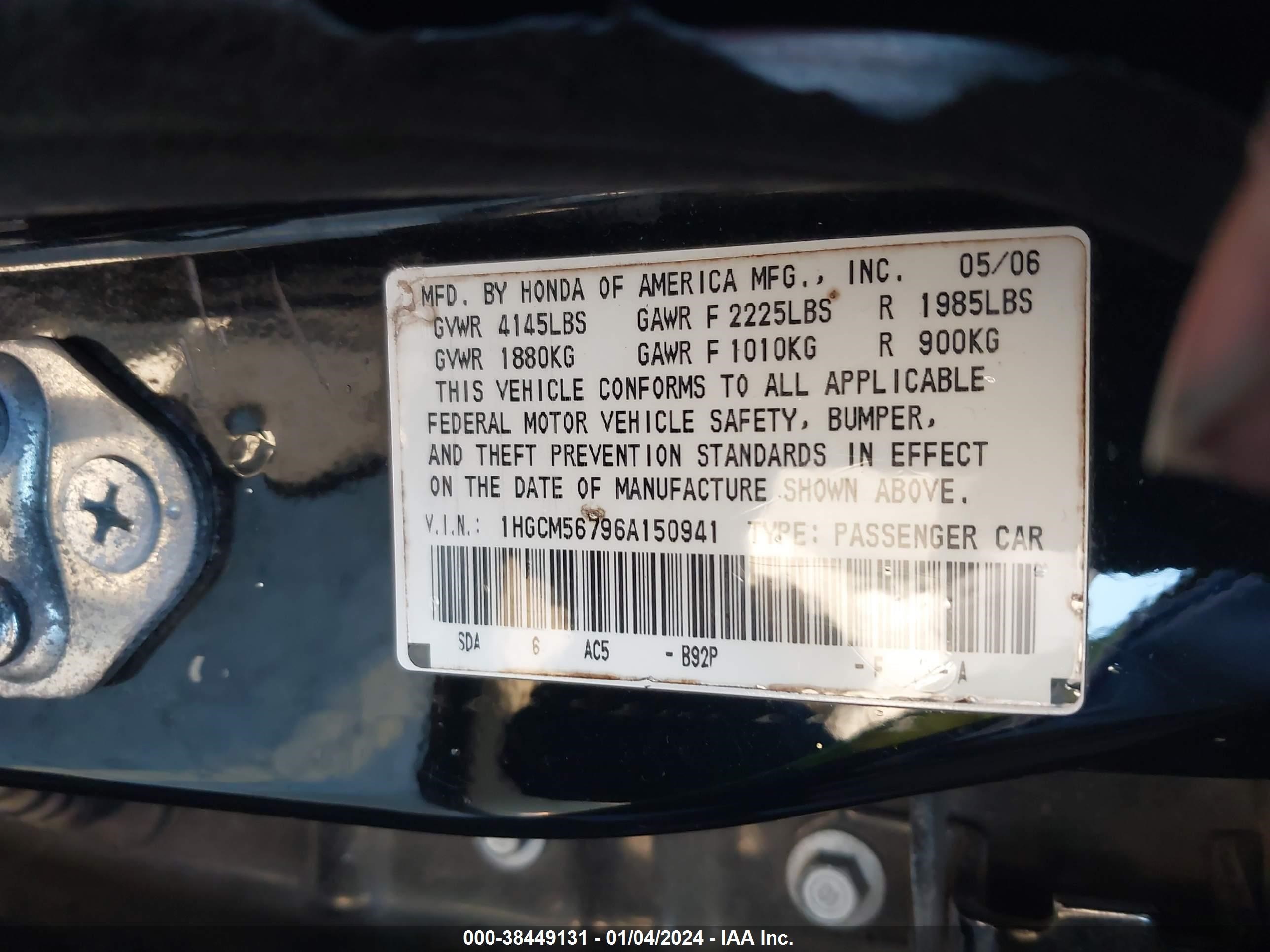 Photo 8 VIN: 1HGCM56796A150941 - HONDA ACCORD 