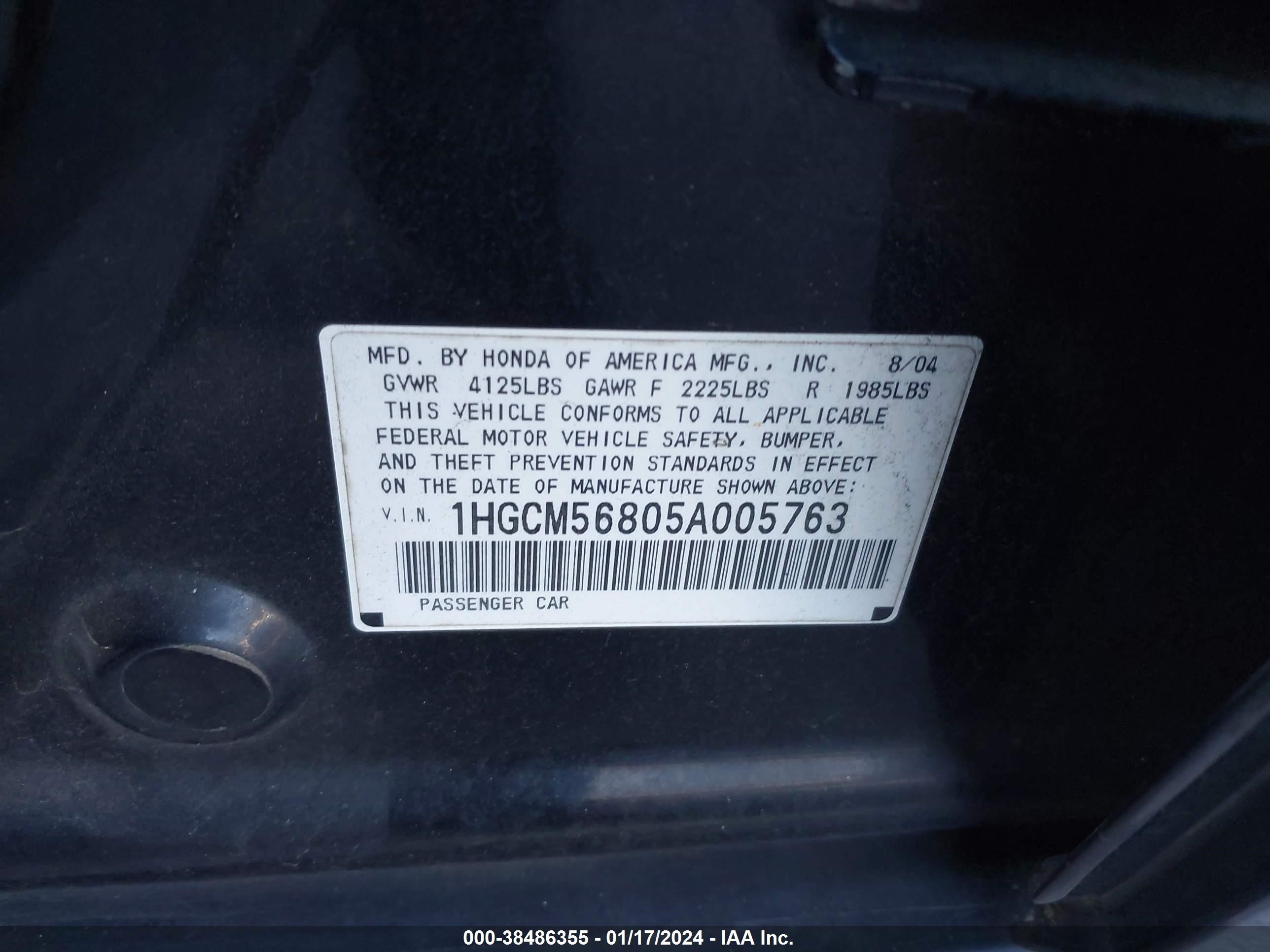 Photo 8 VIN: 1HGCM56805A005763 - HONDA ACCORD 