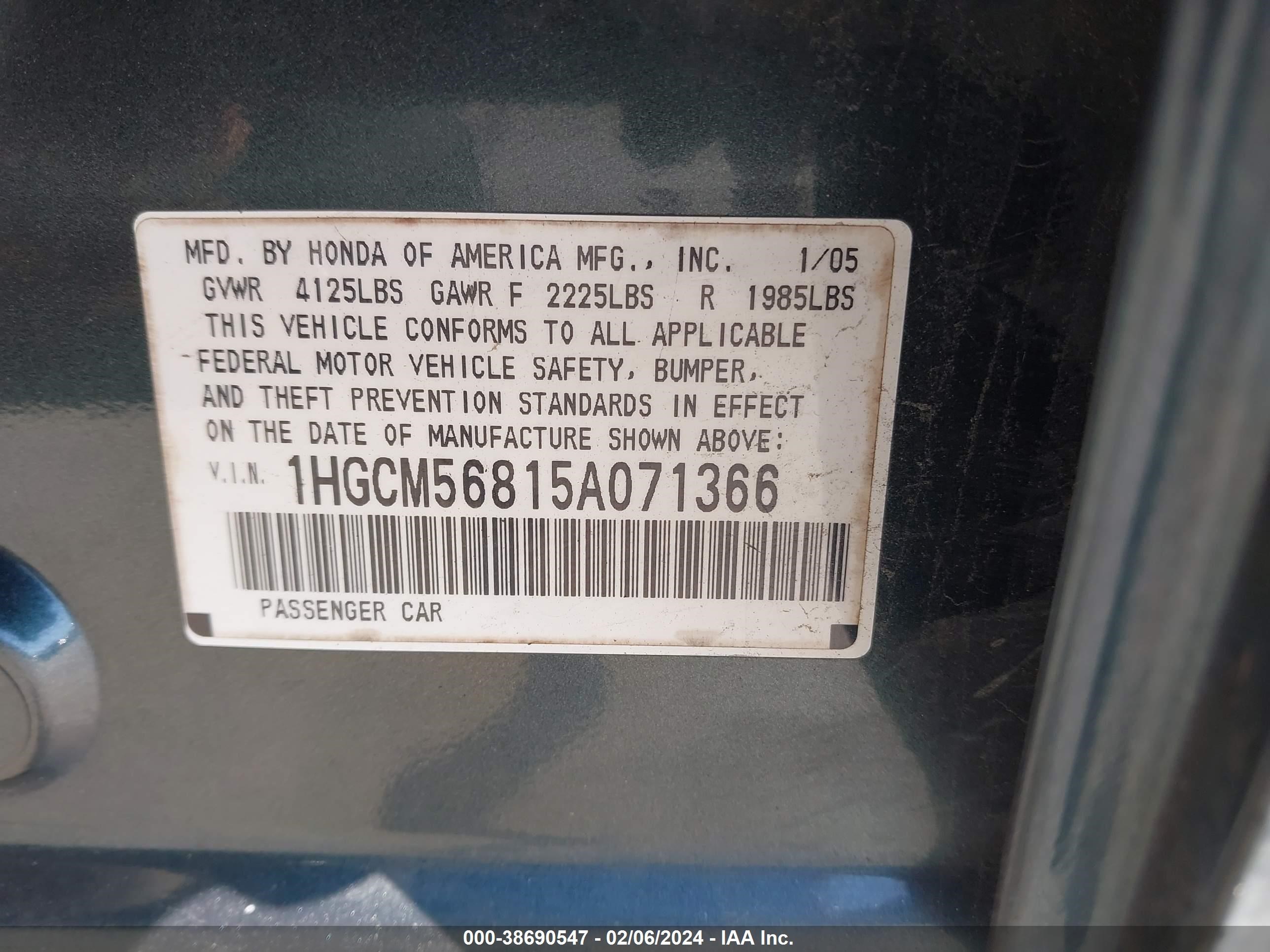 Photo 8 VIN: 1HGCM56815A071366 - HONDA ACCORD 