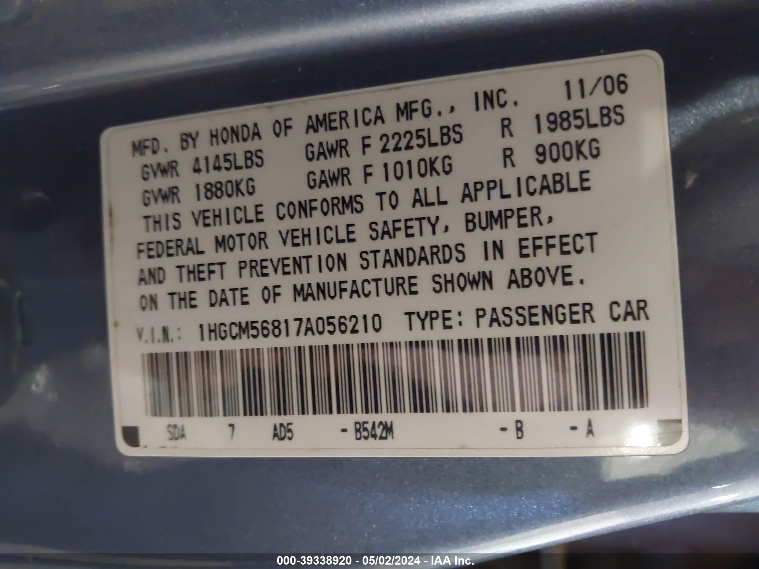 Photo 8 VIN: 1HGCM56817A056210 - HONDA ACCORD 